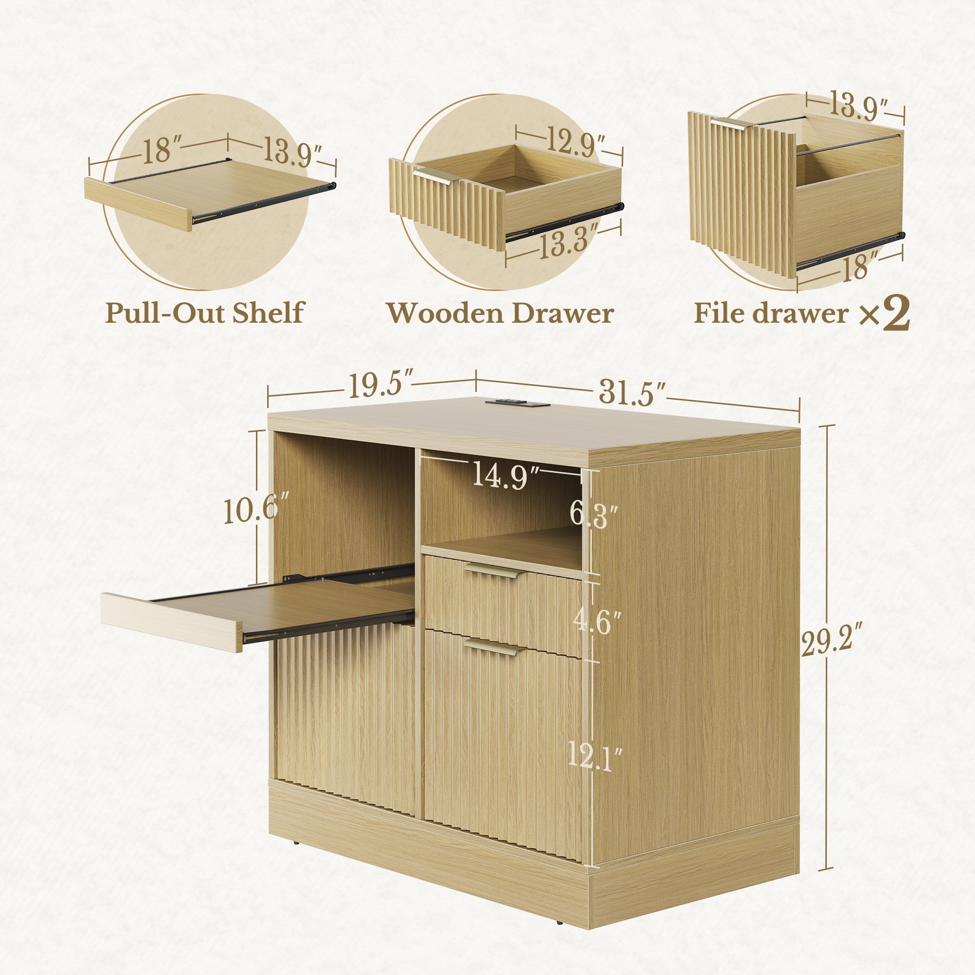63" Desk · L - shaped + Charging Printer Cabinet / Fluted - Natural Oak -