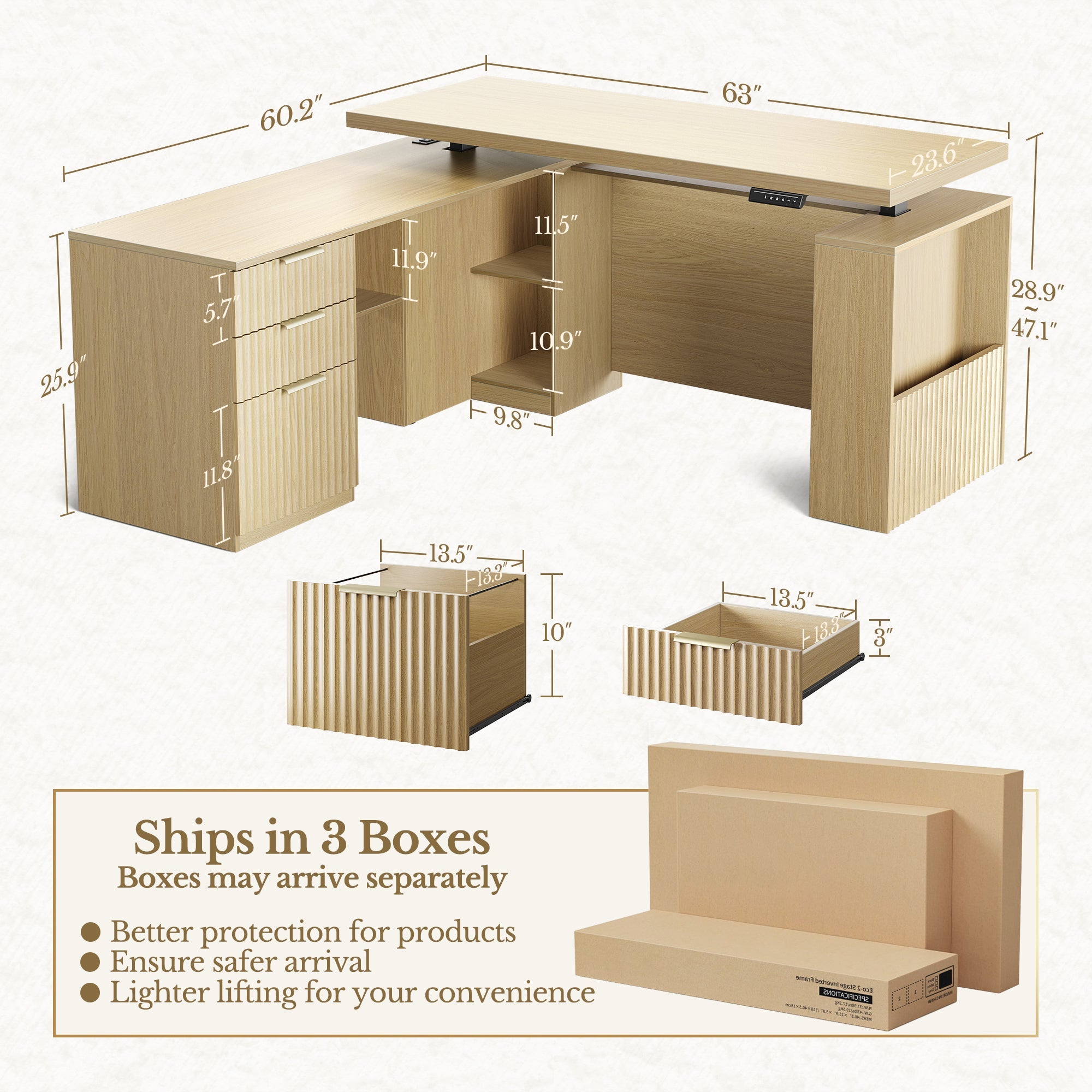 63" Desk · L - shaped + Charging Printer Cabinet / Fluted - Natural Oak -