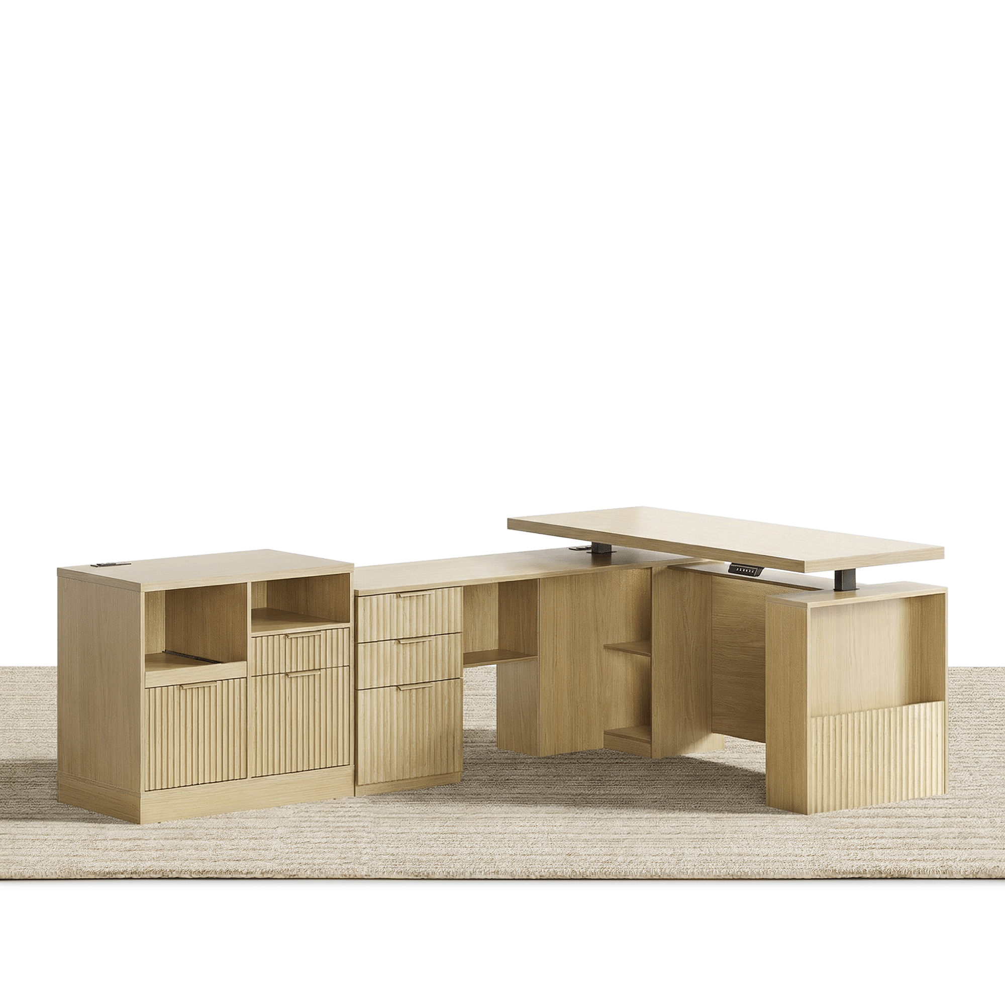 63" Desk · L - shaped + Charging Printer Cabinet / Fluted - Natural Oak -