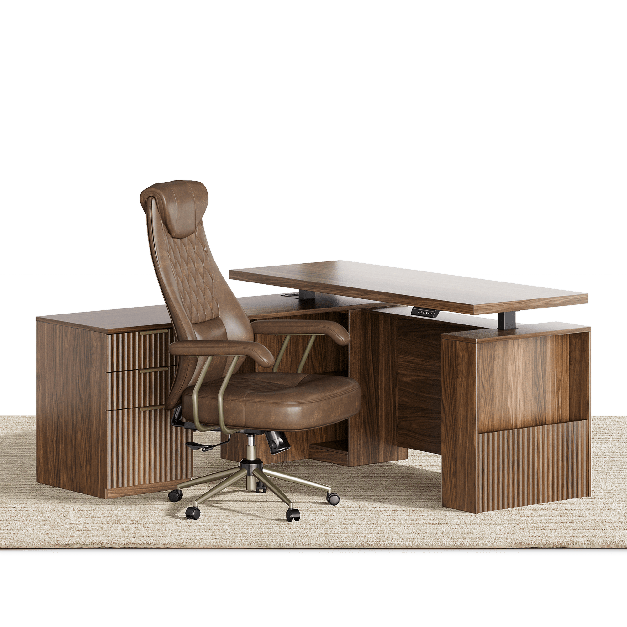 63" Desk · L - shaped + Luna Chair / Fluted - Dark Walnut -