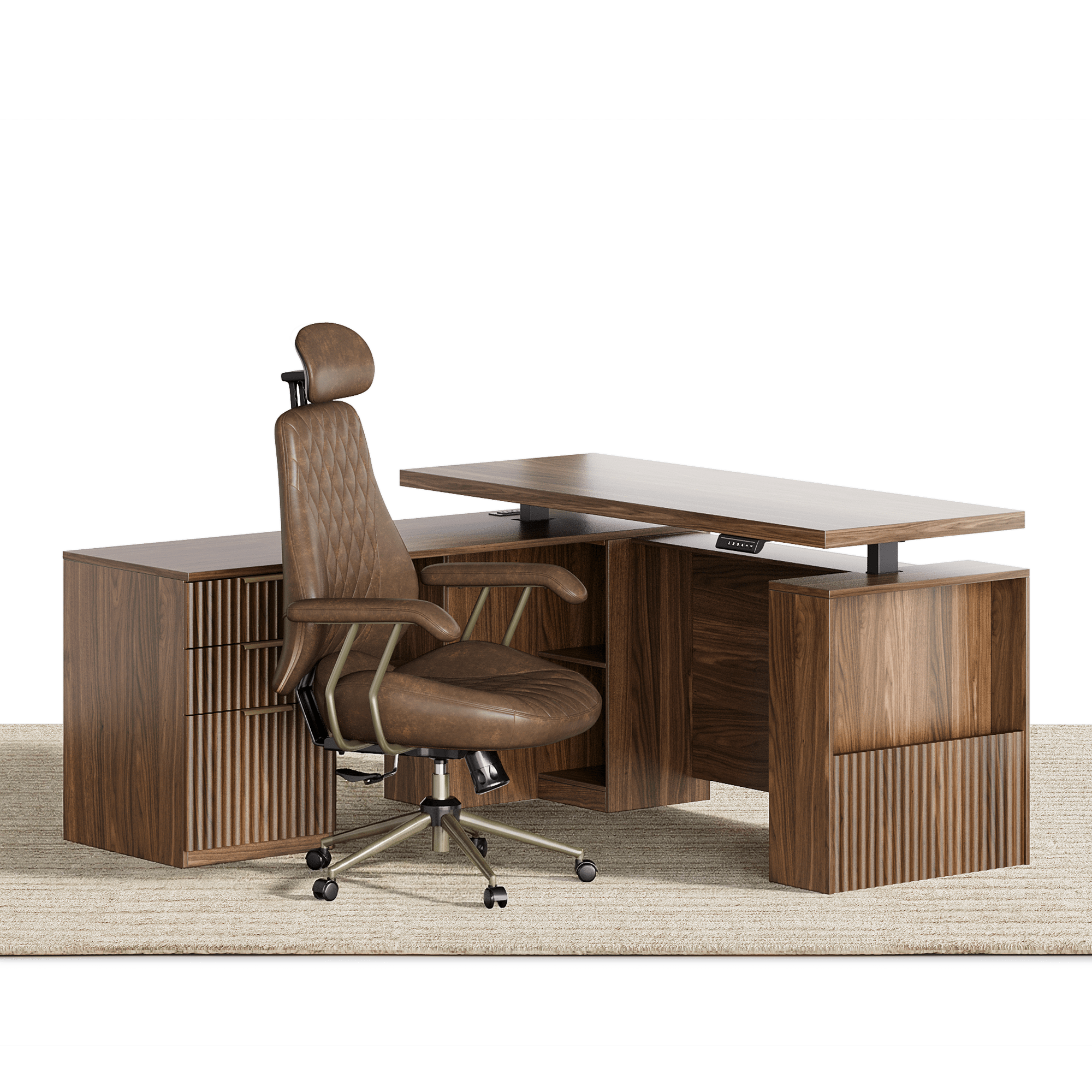 63" Desk · L - shaped + Stella Chair / Fluted - Dark Walnut -