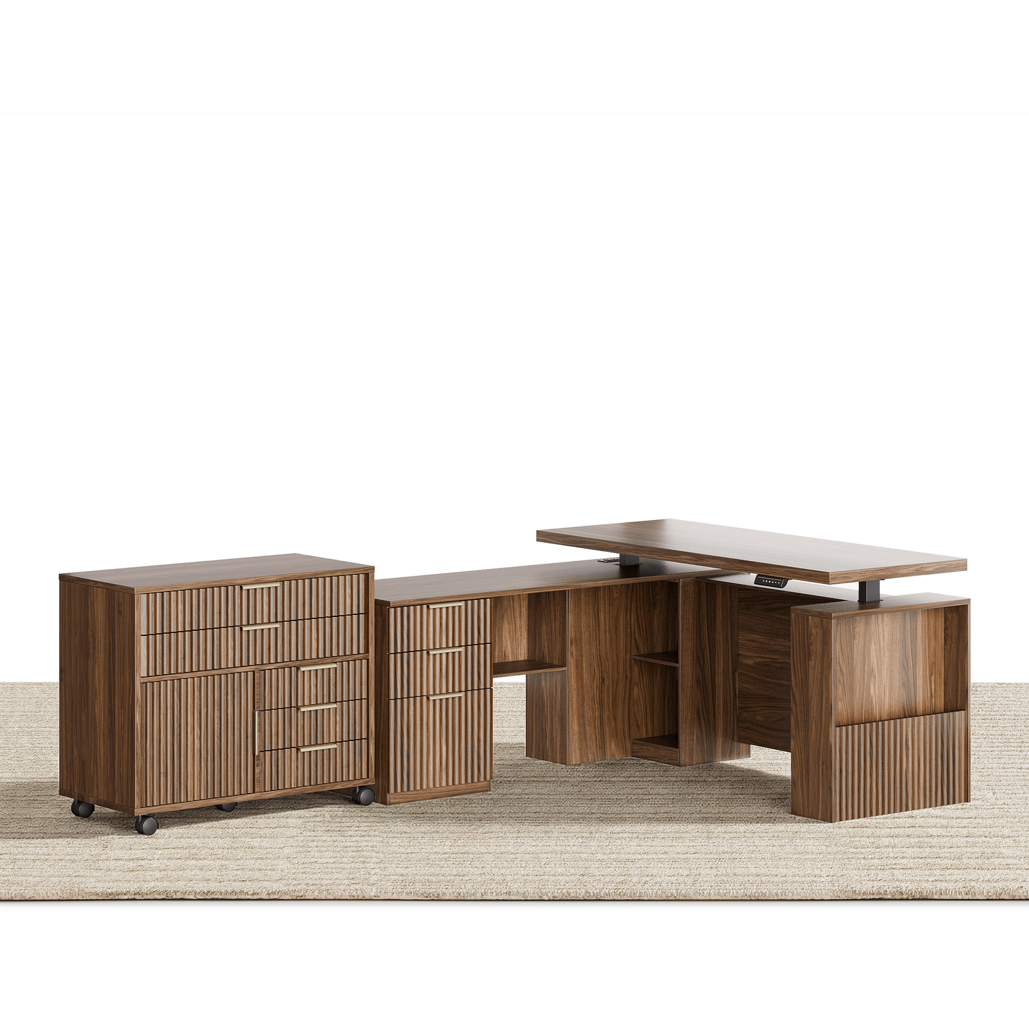 63" Desk + Mobile Office Cabinet / Fluted - Dark Walnut -