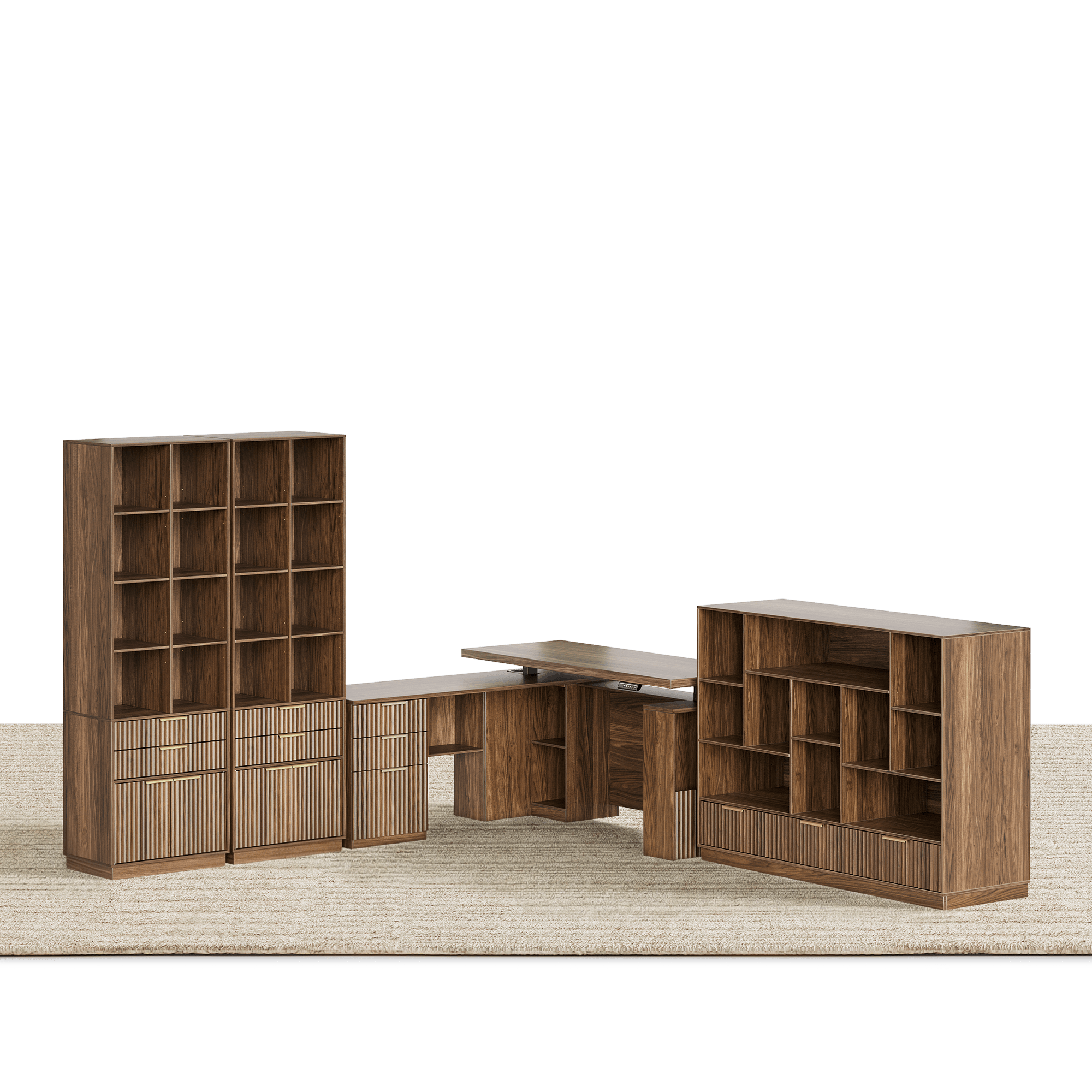 63" desk+Dual 73" Bookshelf+60" Wide Bookshelf / Fluted - Dark Walnut -