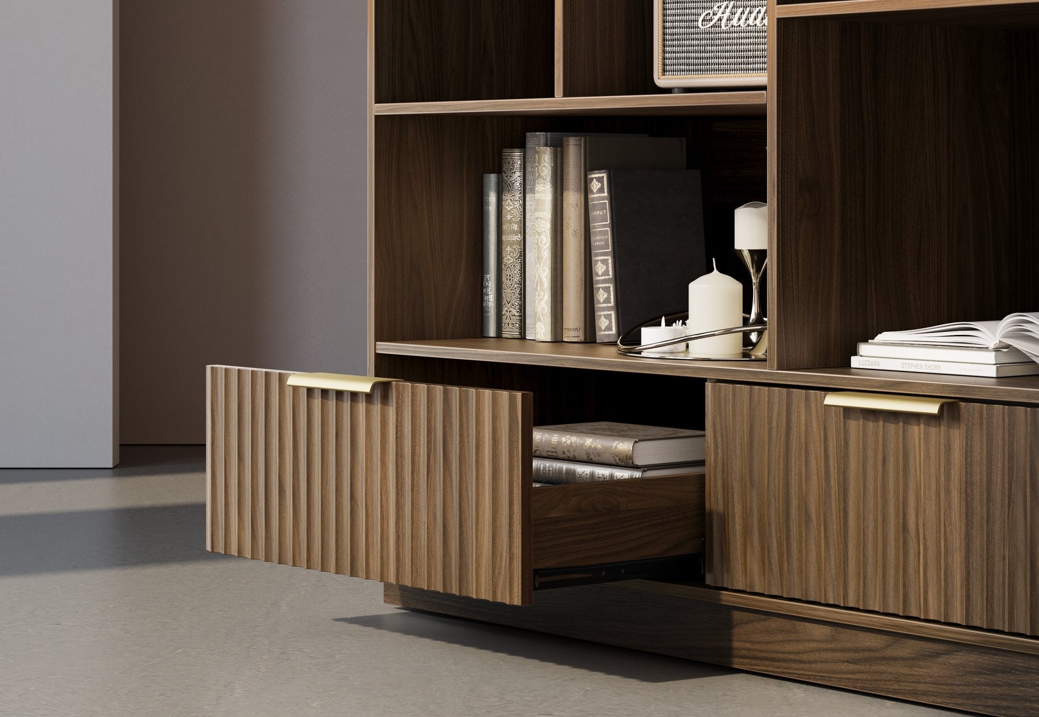 63" desk+Dual 73" Bookshelf+60" Wide Bookshelf / Fluted - Dark Walnut -