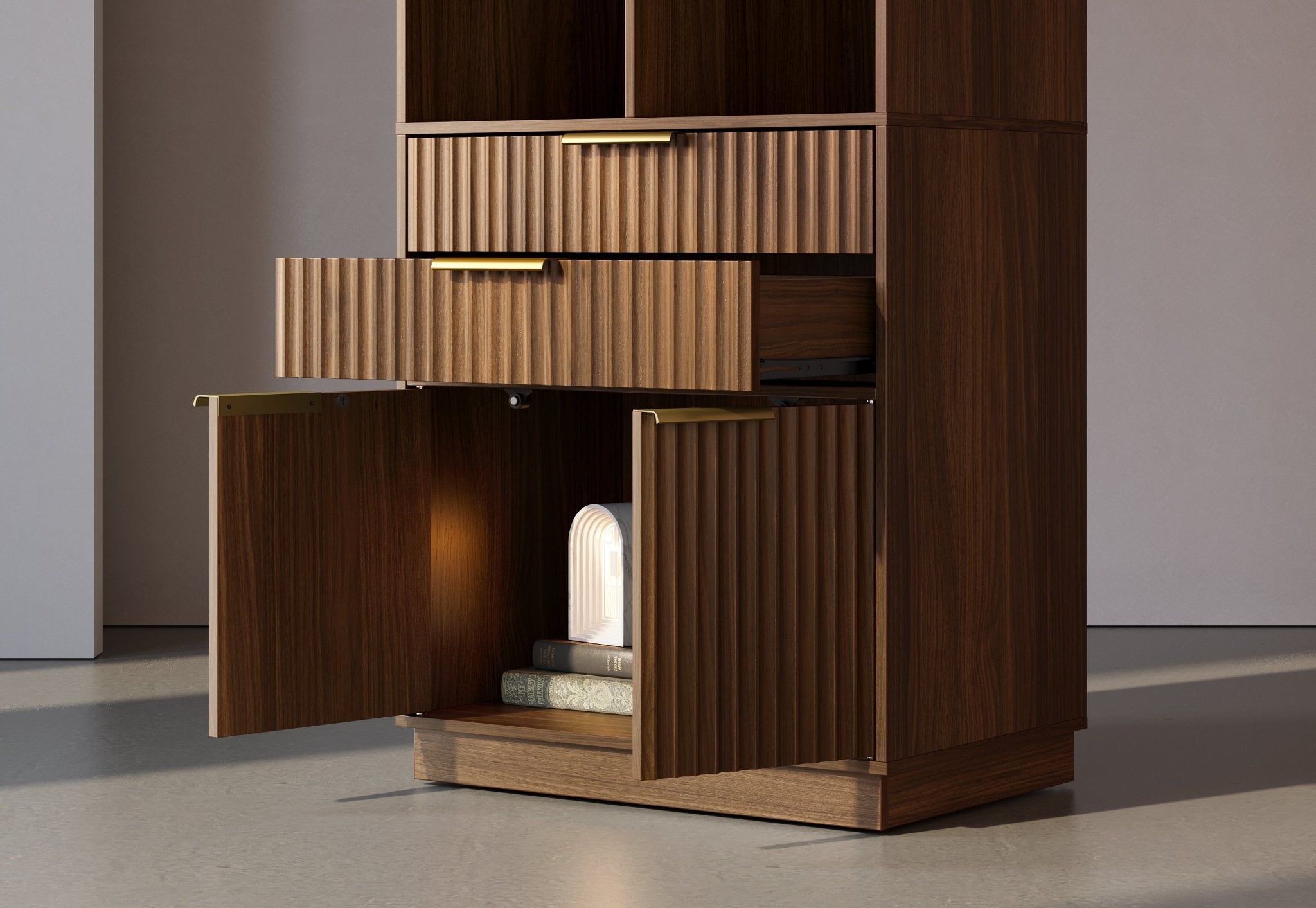 63" desk+Dual 73" Bookshelf+60" Wide Bookshelf / Fluted - Dark Walnut -