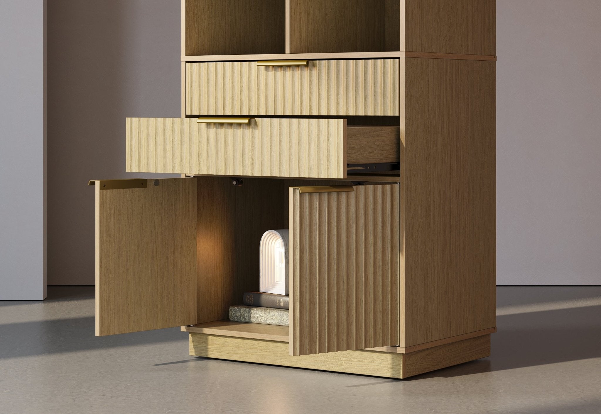 63" desk+Dual 73" Bookshelf+60" Wide Bookshelf/ Fluted - Natural Oak -