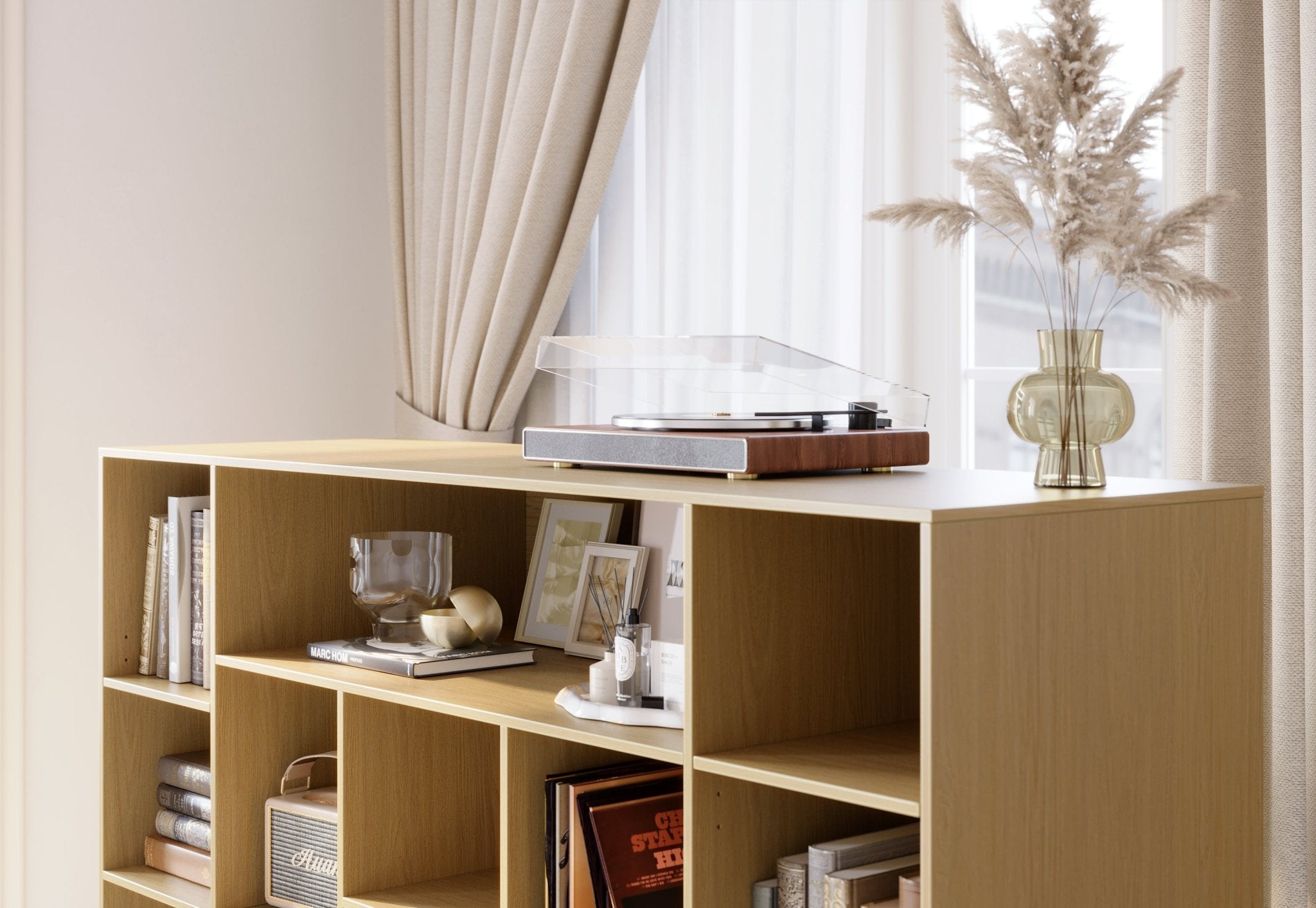 63" desk+Dual 73" Bookshelf+60" Wide Bookshelf/ Fluted - Natural Oak -