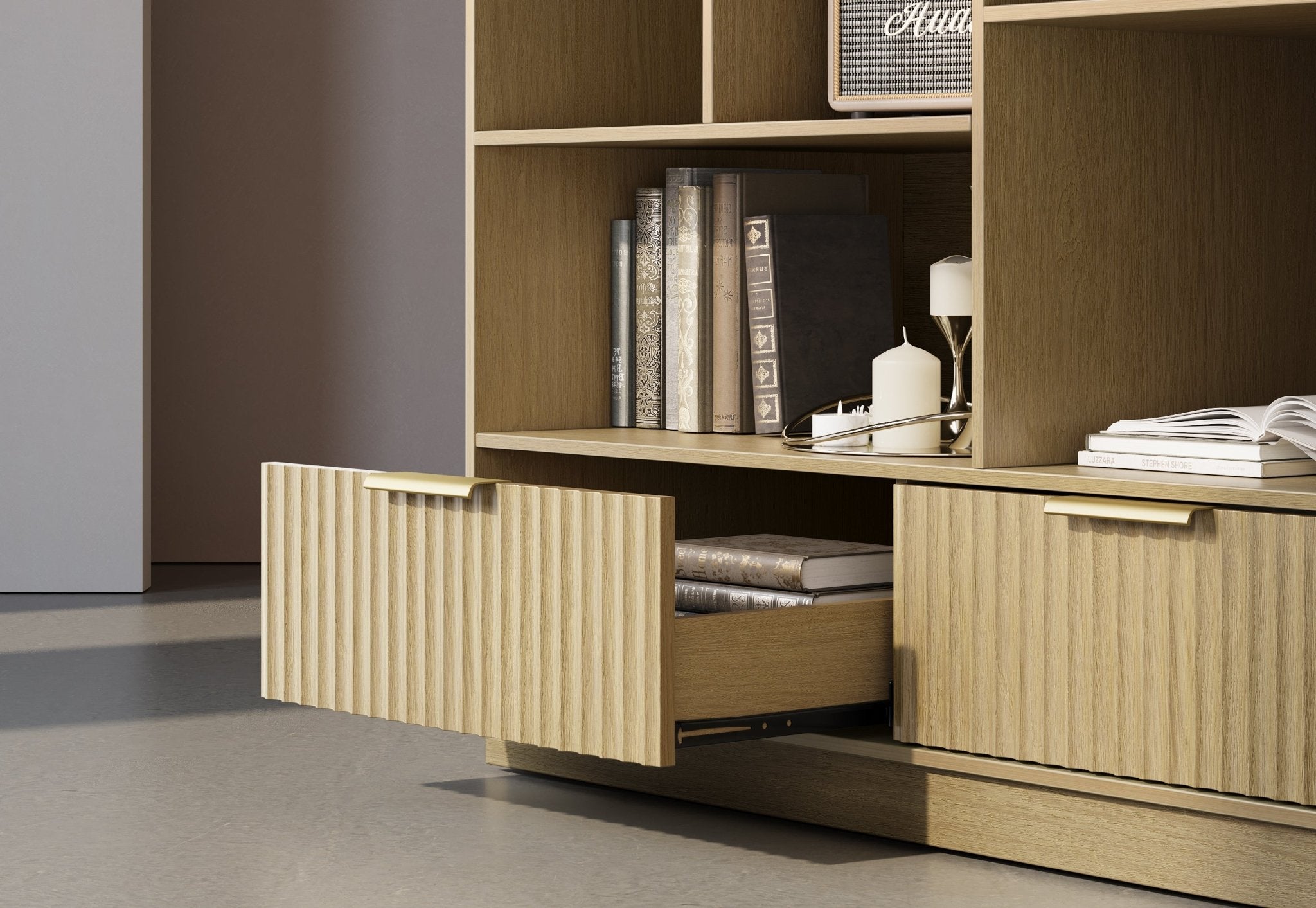 63" desk+Dual 73" Bookshelf+60" Wide Bookshelf/ Fluted - Natural Oak -