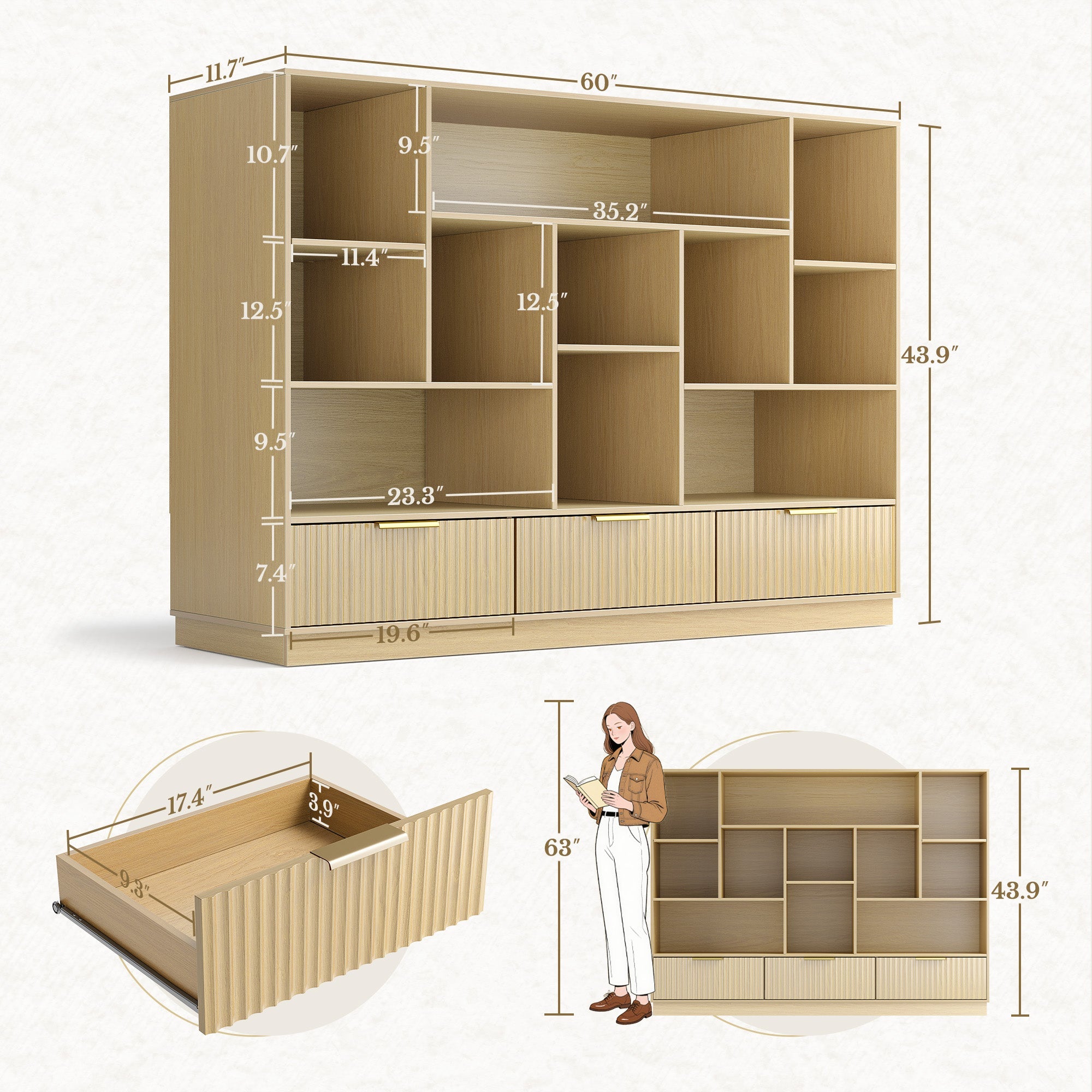 63" desk+Dual 73" Bookshelf+60" Wide Bookshelf/ Fluted - Natural Oak -