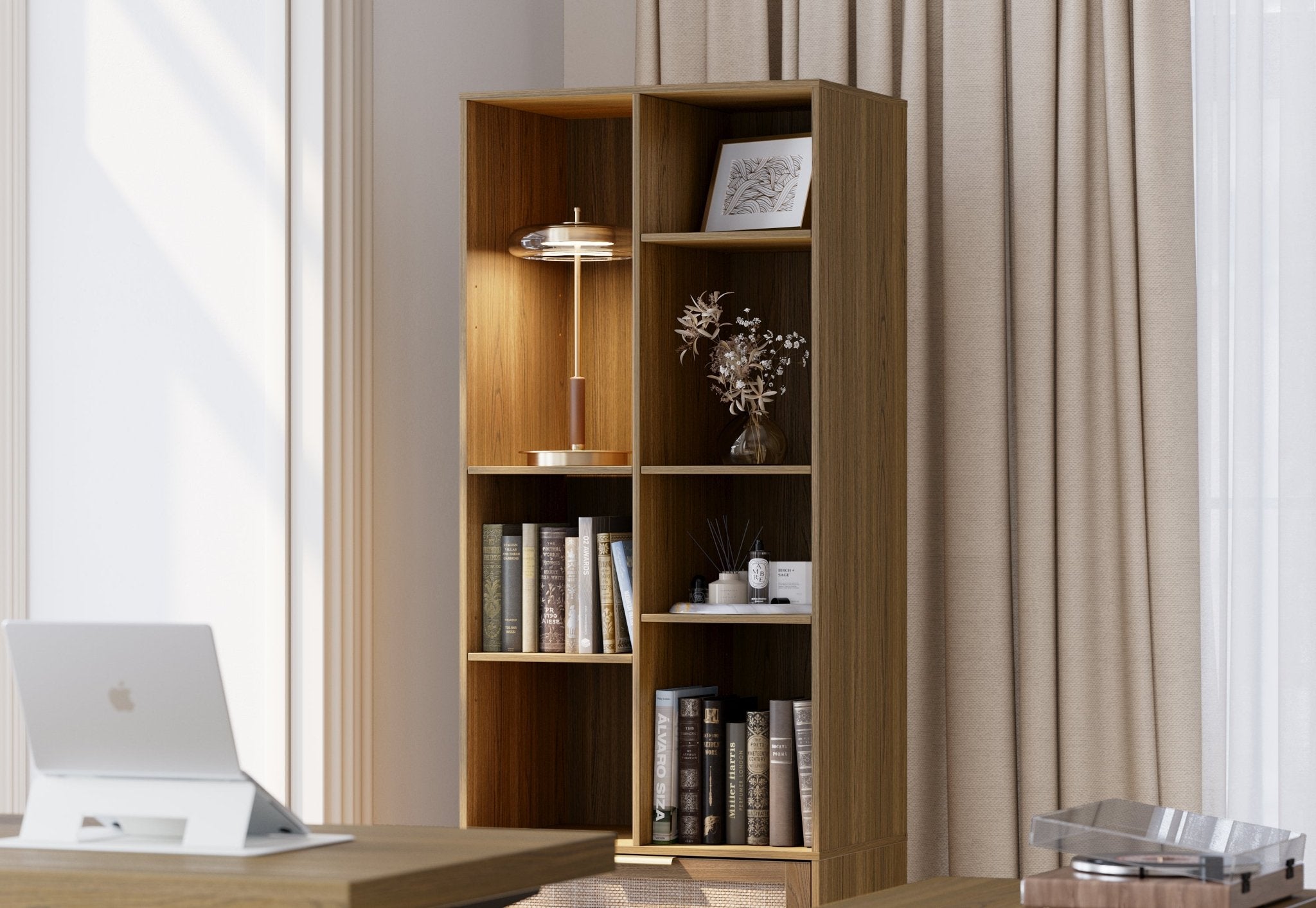 63" desk+Dual 73" Bookshelf+60" Wide Bookshelf / Rattan - Light Walnut -