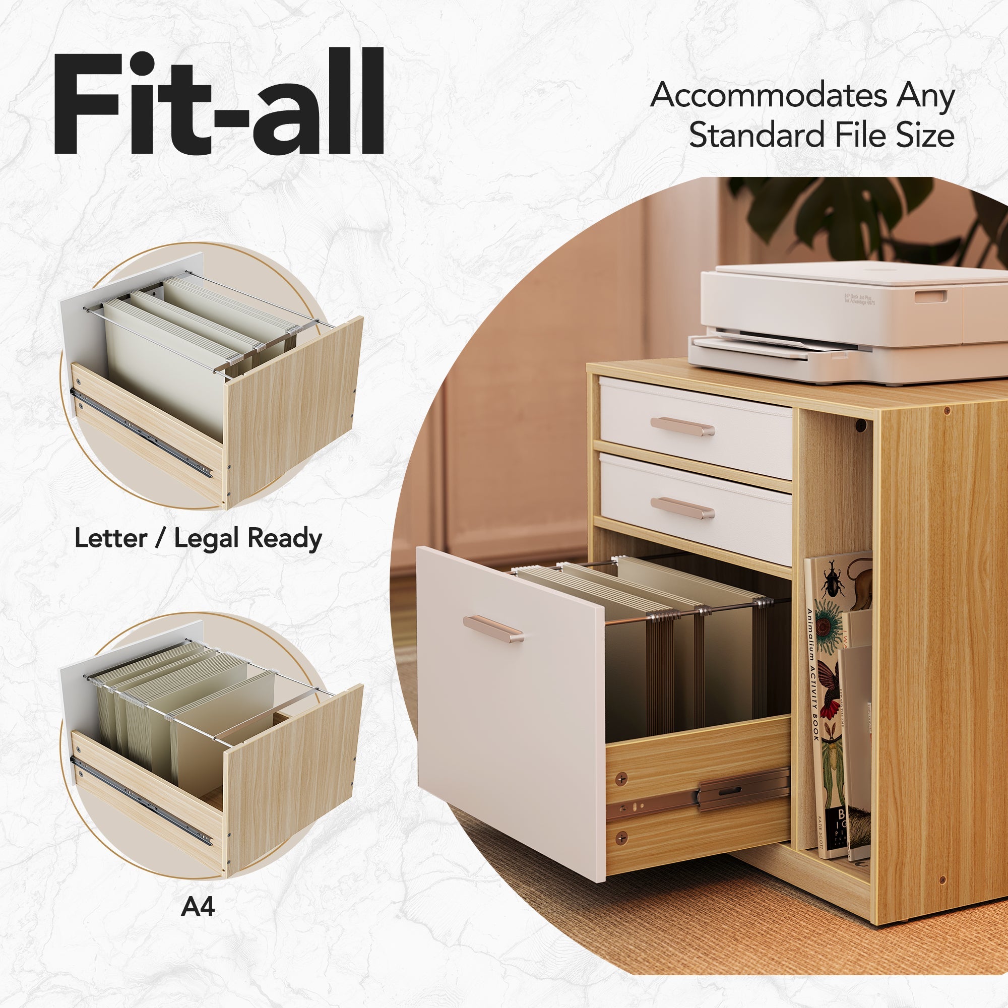 63" Electric L Shaped Stadning Desk with LED Strip & Cabinet - Light Walnut