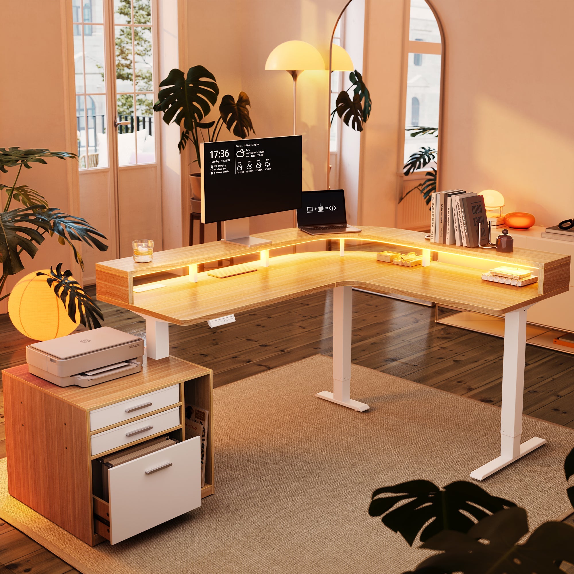 63" Electric L Shaped Stadning Desk with LED Strip & Cabinet - Light Walnut