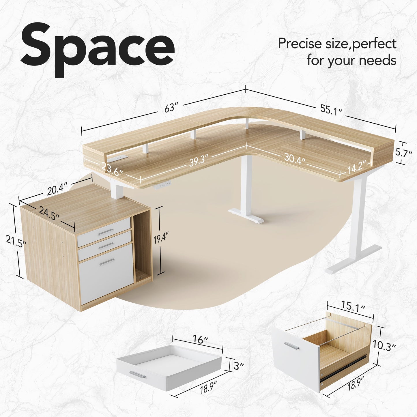 63" Electric L Shaped Stadning Desk with LED Strip & Cabinet - Light Walnut