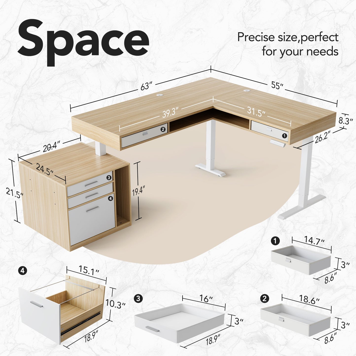 63" Electric L Shaped Standing Desk With 2 Under Desk Drawers & Cabinet - Light Walnut