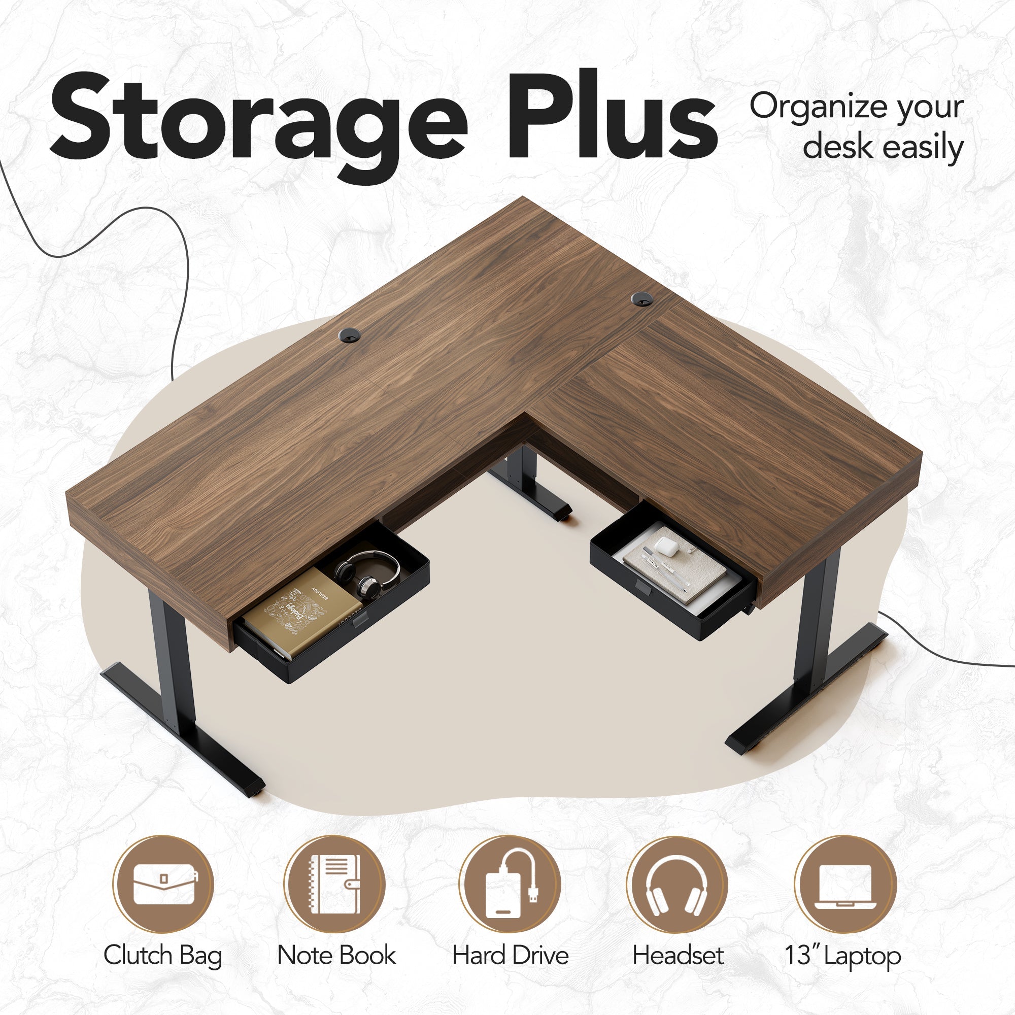 63" Electric L Shaped Standing Desk With 2 Under Desk Drawers & Cabinet - Walnut