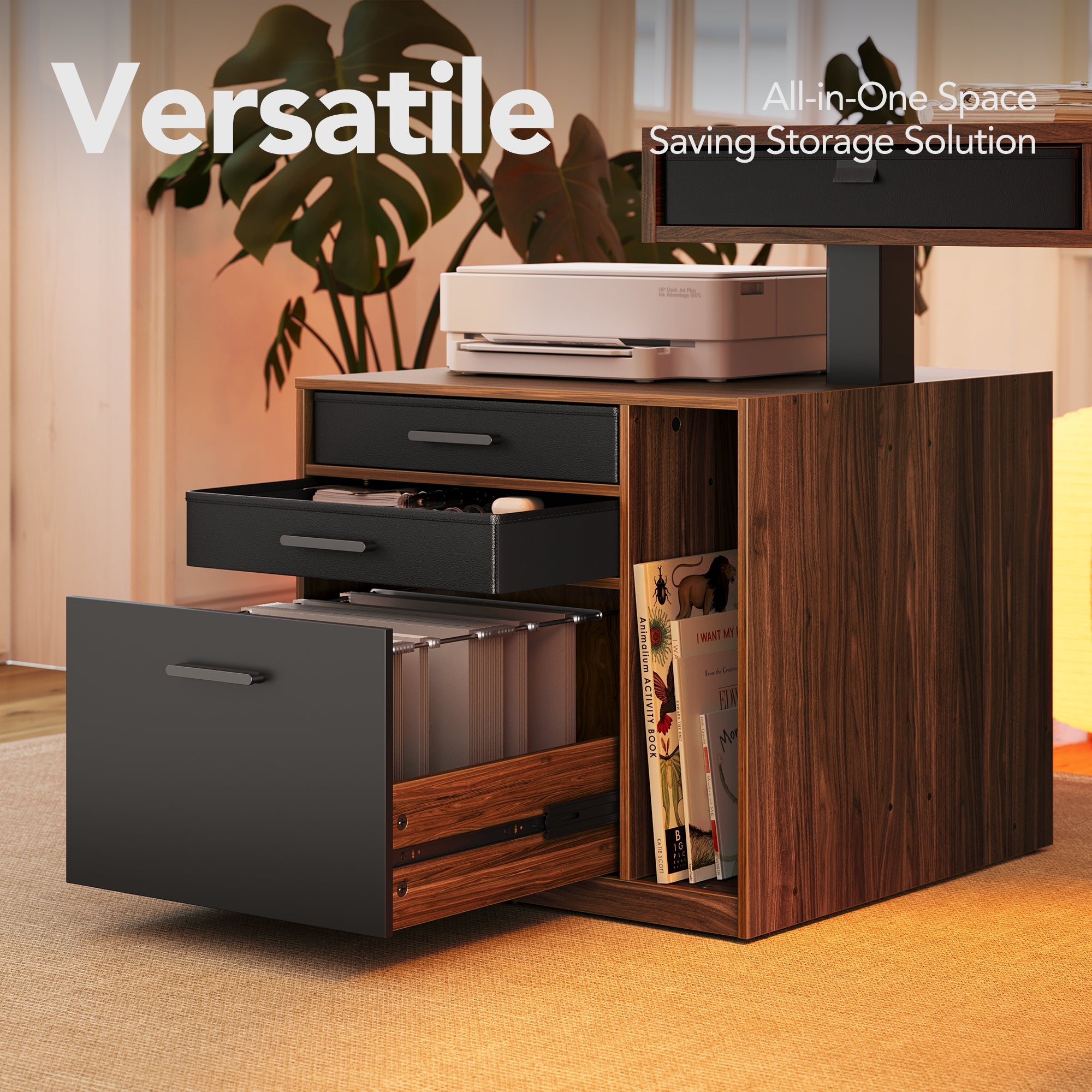 63" Electric L Shaped Standing Desk With 2 Under Desk Drawers & Cabinet - Walnut