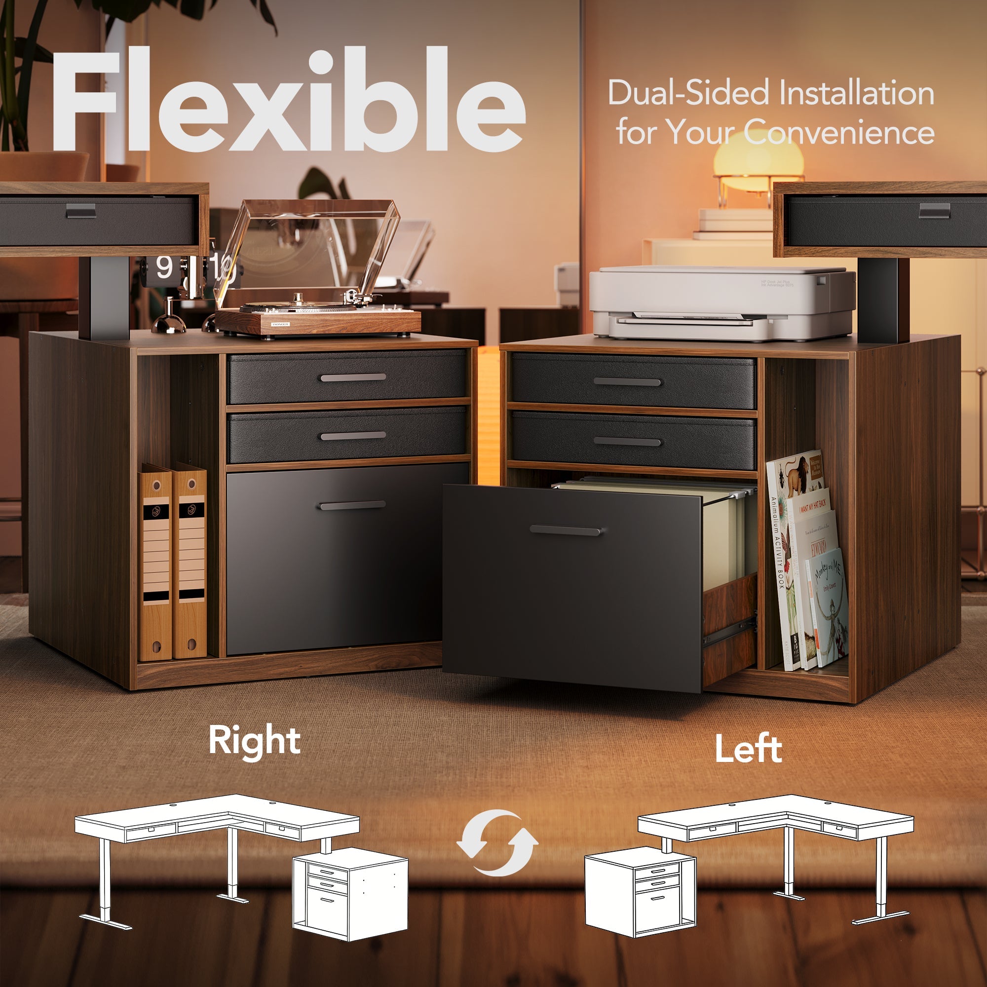 63" Electric L Shaped Standing Desk With 2 Under Desk Drawers & Cabinet - Walnut