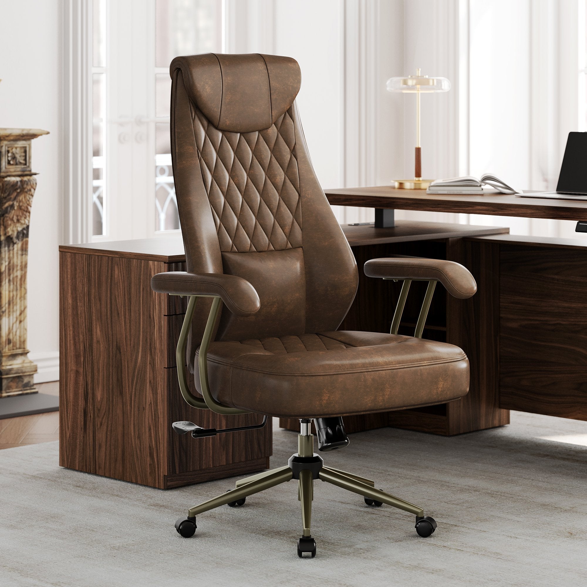 63" Premium Executive Standing Desk + Luna Extra Wide Chair + 6 - Tier Corner Bookshelf with Drawers, 71" Tall Storage/ Fluted - Dark Walnut -