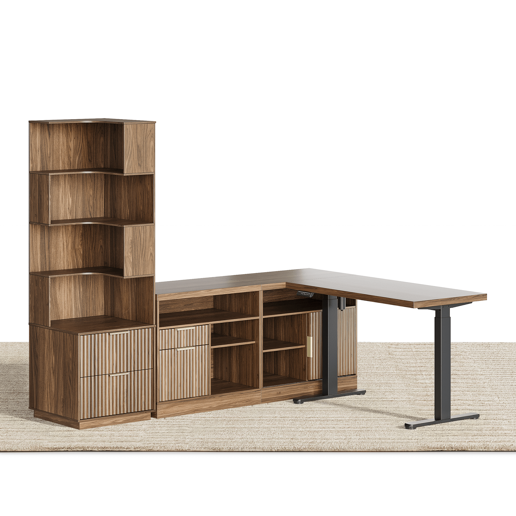 67" Desk + 71" Bookshelf / Fluted - Dark Walnut -