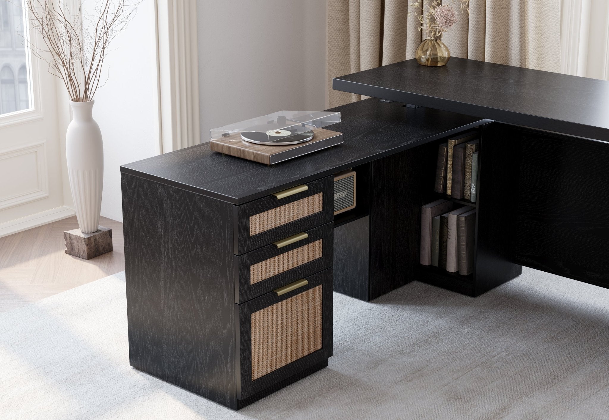 67" Desk + 71" Bookshelf / Rattan - Black -