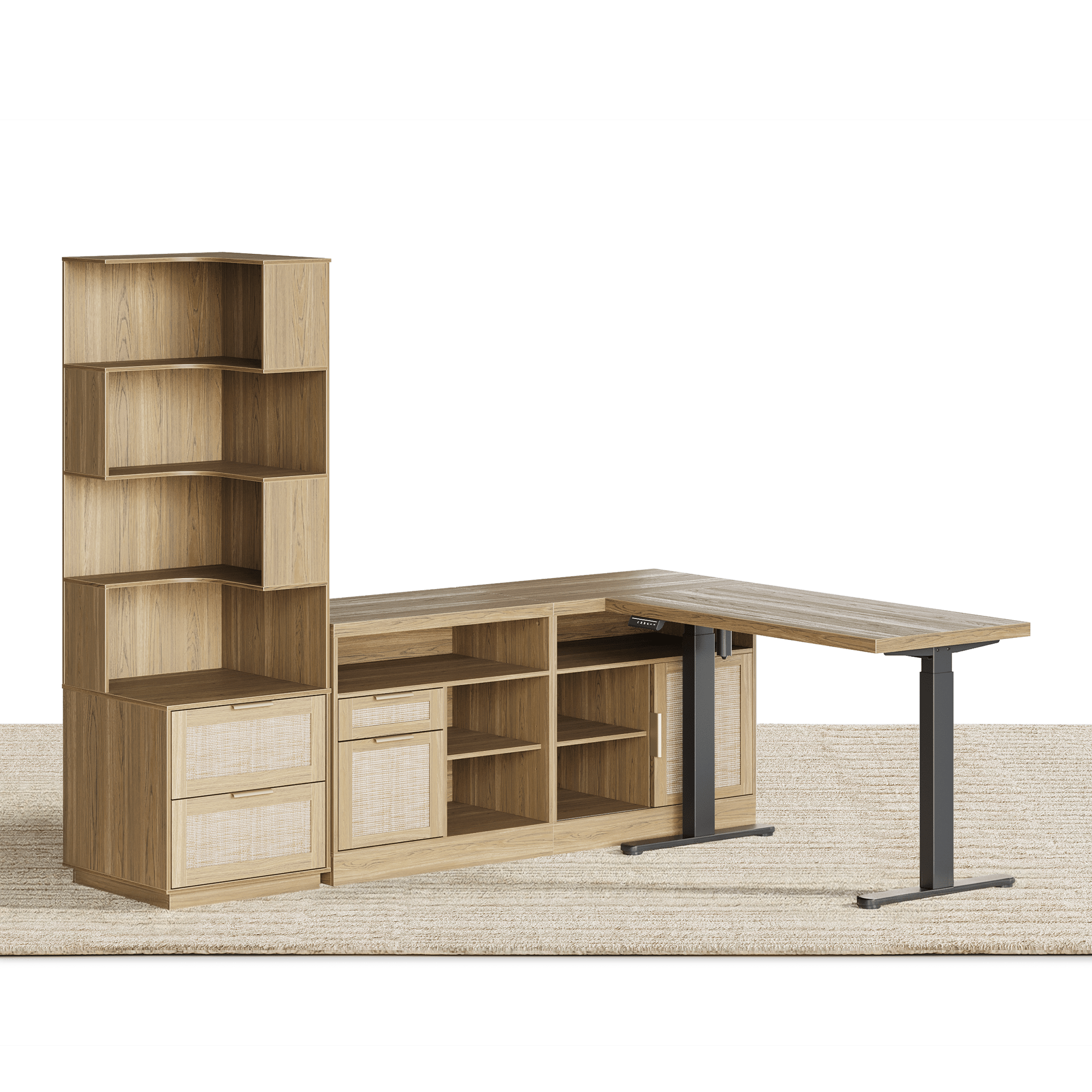 67" Desk + 71" Bookshelf / Rattan - Light Walnut -