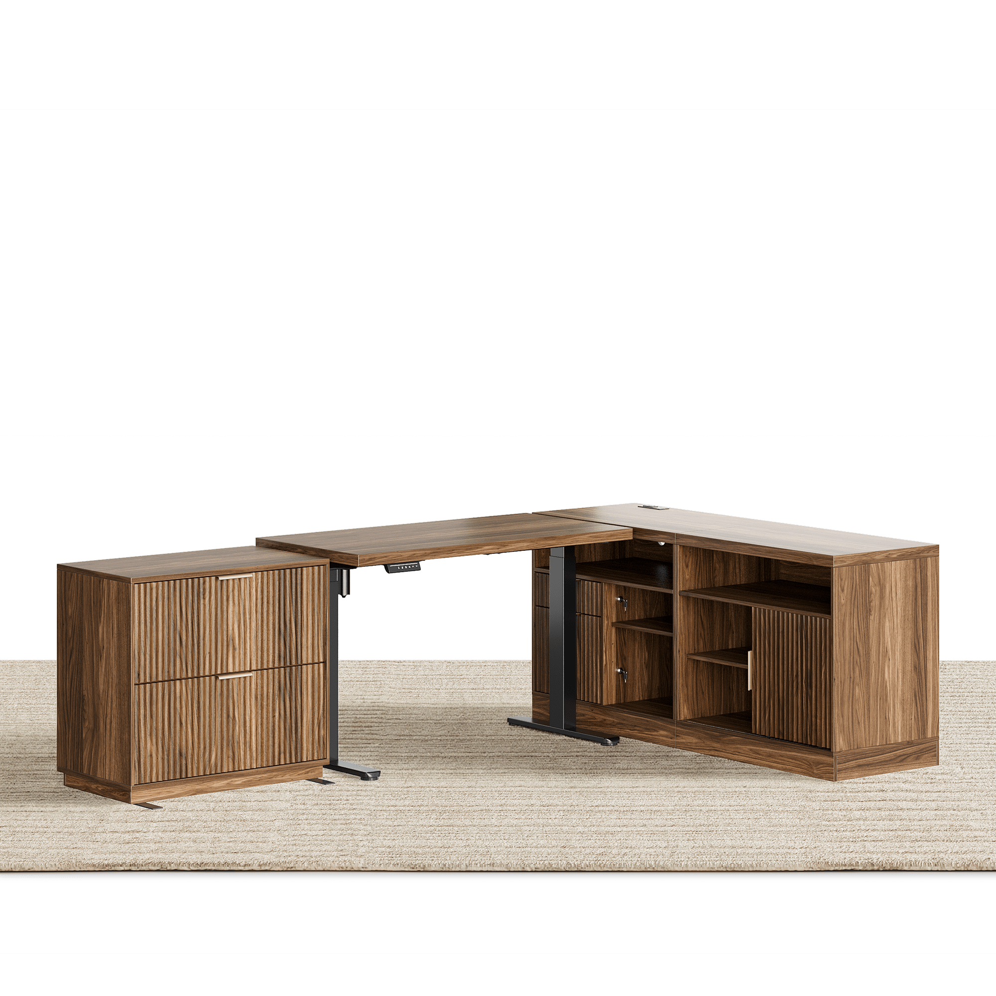 67" Desk · L - shaped + 2 - Drawer File Cabinet / Fluted - Dark Walnut -