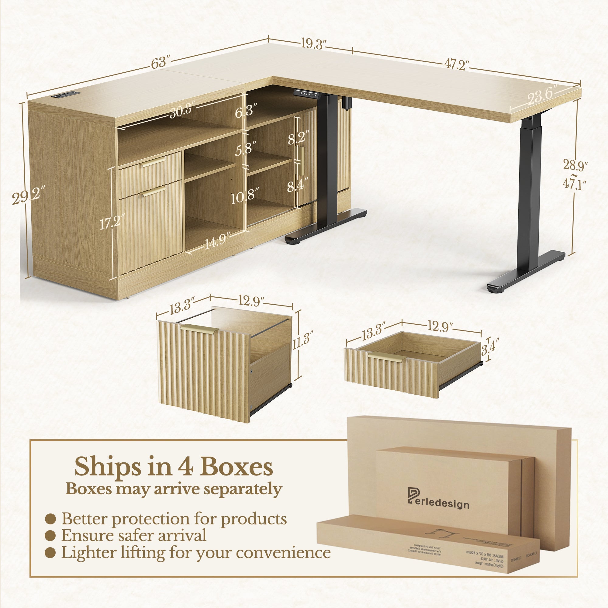 67" Desk · L - shaped + 2 - Drawer File Cabinet / Fluted - Natural Oak -