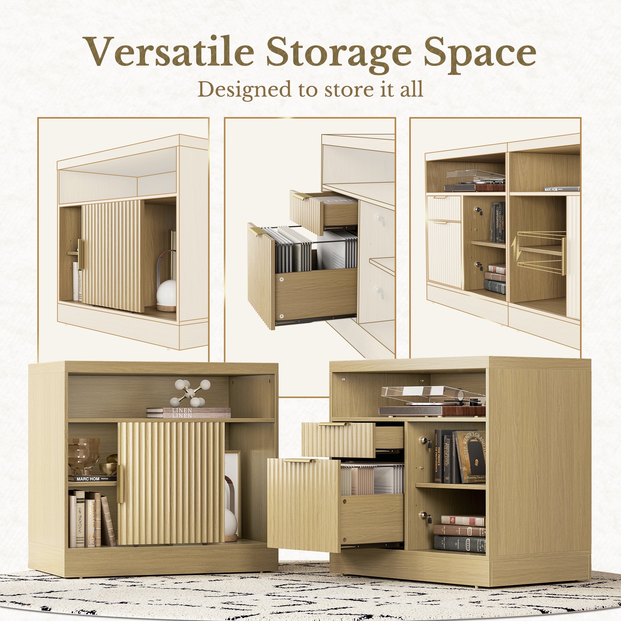 67" Desk · L - shaped + 2 - Drawer File Cabinet / Fluted - Natural Oak -