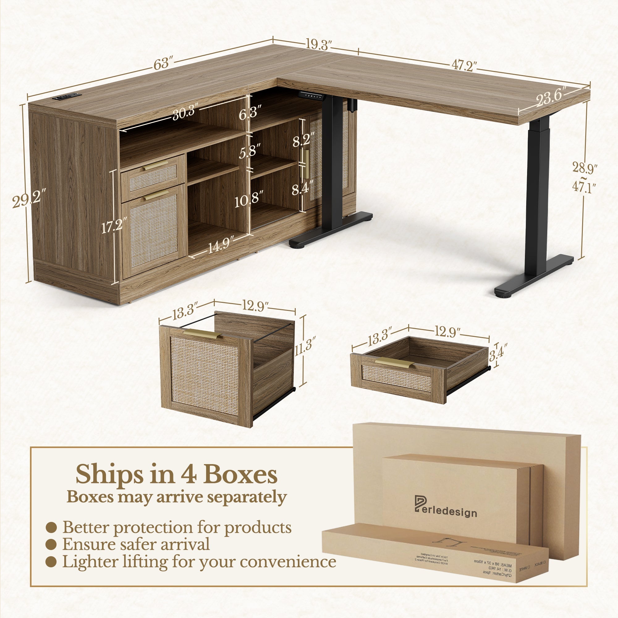 67" Desk · L - shaped + 2 - Drawer File Cabinet / Rattan - Light Walnut -