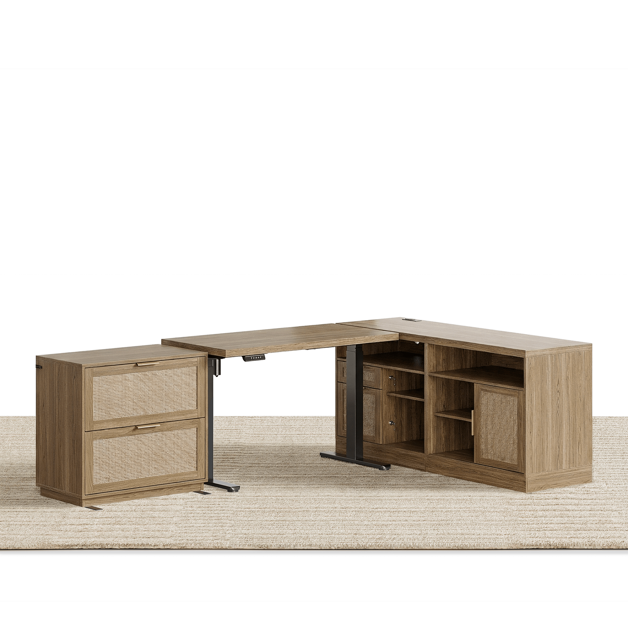 67" Desk · L - shaped + 2 - Drawer File Cabinet / Rattan - Light Walnut -