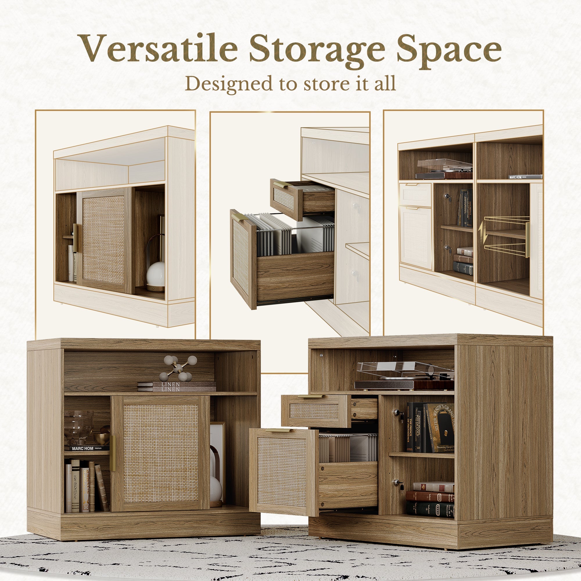 67" Desk · L - shaped + 2 - Drawer File Cabinet / Rattan - Light Walnut -