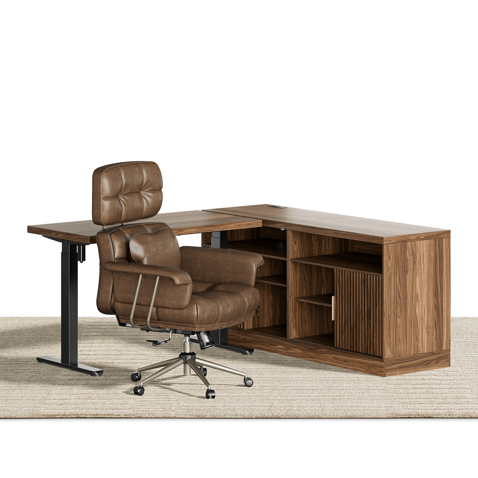 67" Desk · L - shaped + Celestia Chair / Fluted - Dark Walnut -