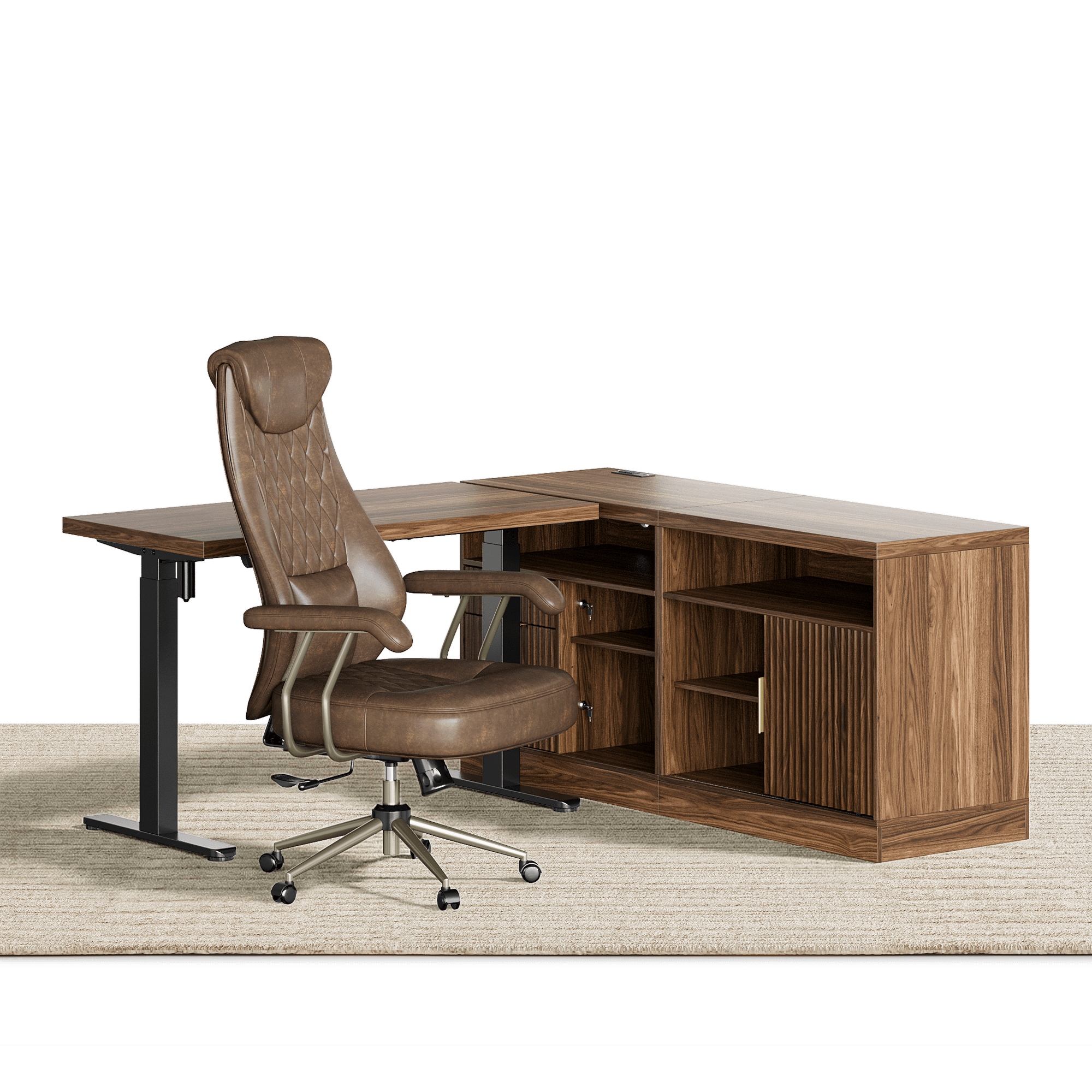 67" Desk · L - shaped + Luna Chair / Fluted - Dark Walnut -
