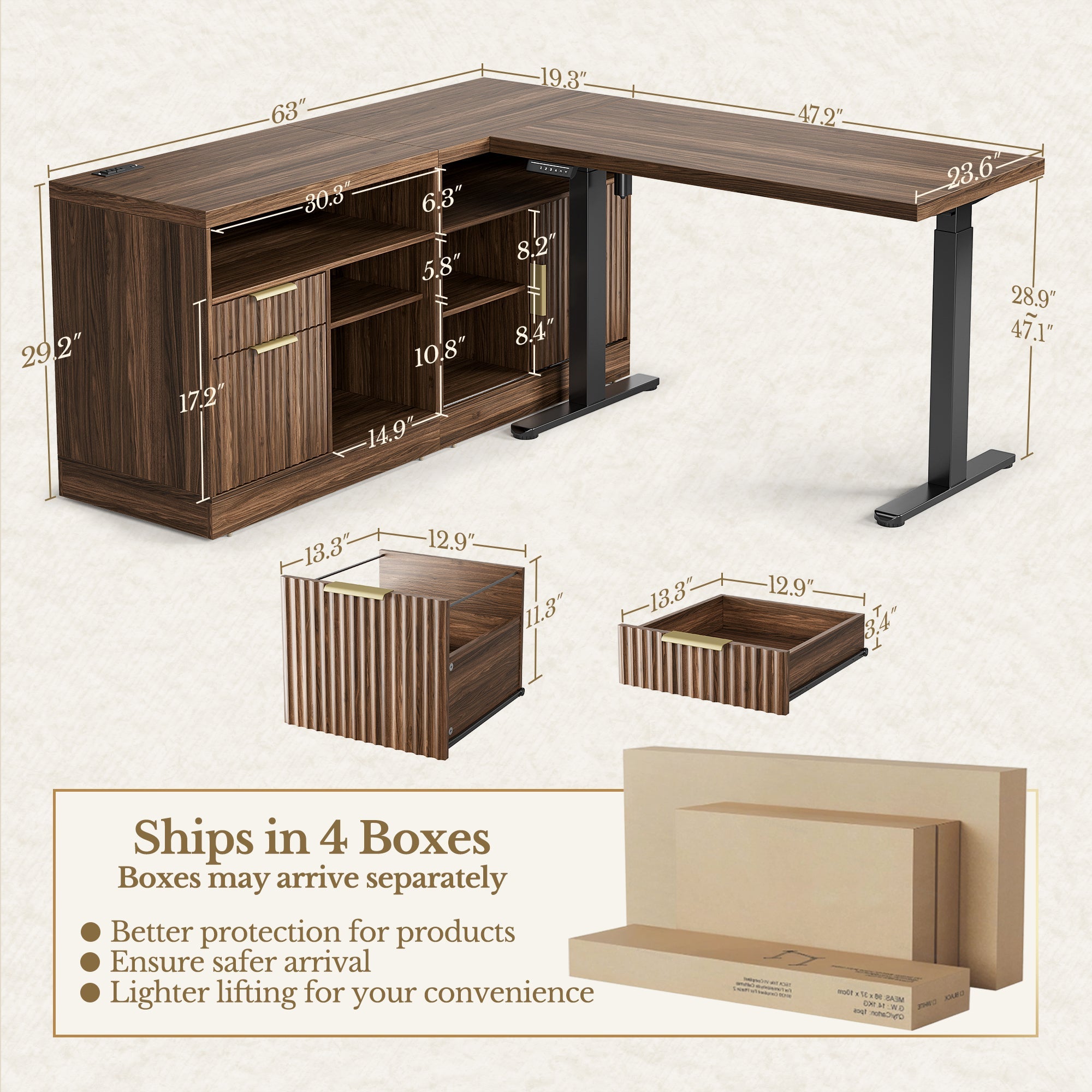 67" Desk · L - shaped + Mobile Office Cabinet / Fluted - Dark Walnut -