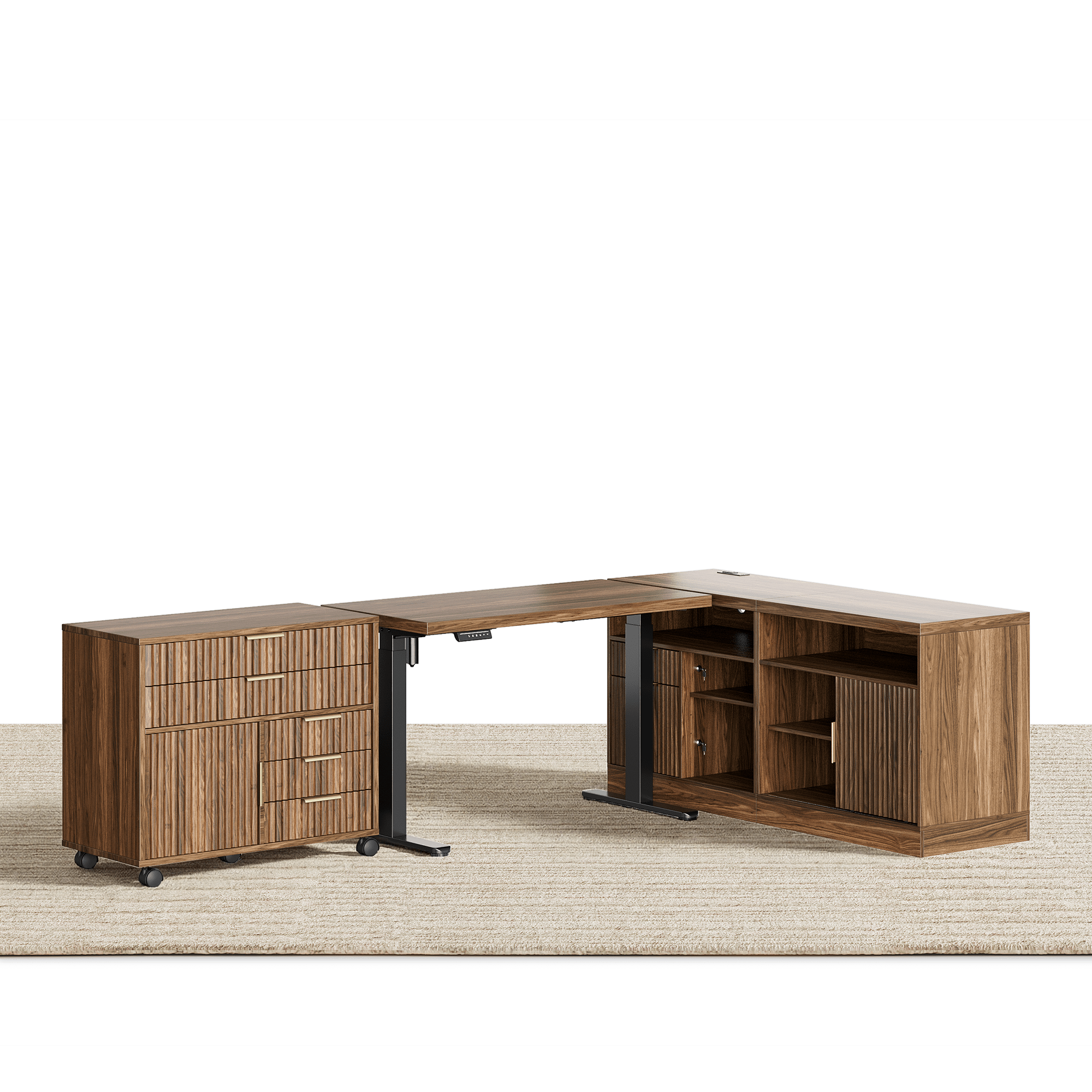 67" Desk · L - shaped + Mobile Office Cabinet / Fluted - Dark Walnut -