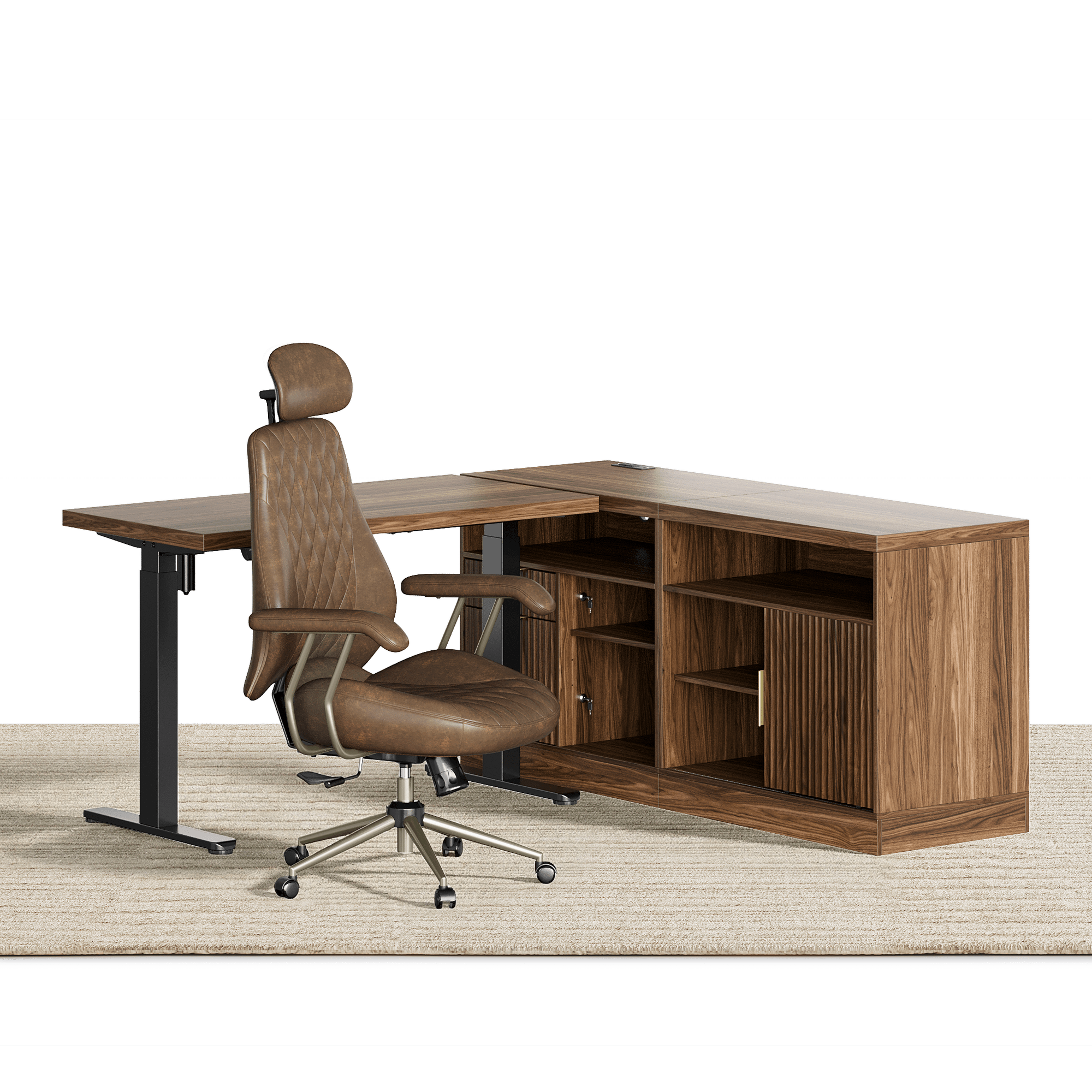 67" Desk · L - shaped + Stella Chair / Fluted - Dark Walnut -
