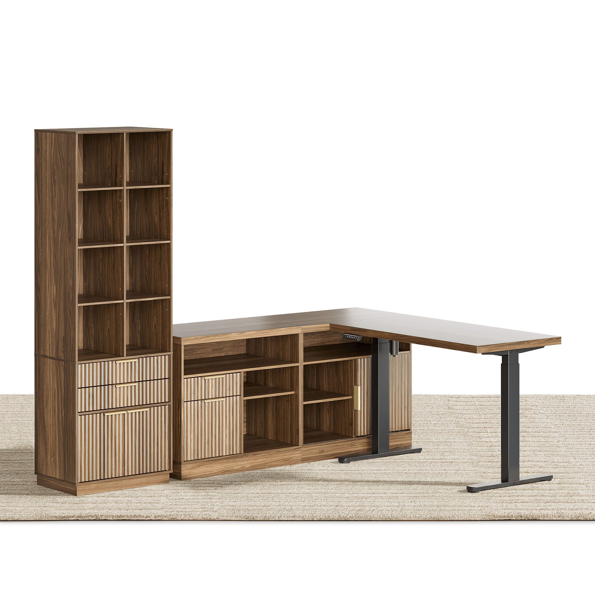 67" Desk+73" Bookshelf / Fluted - Dark Walnut -