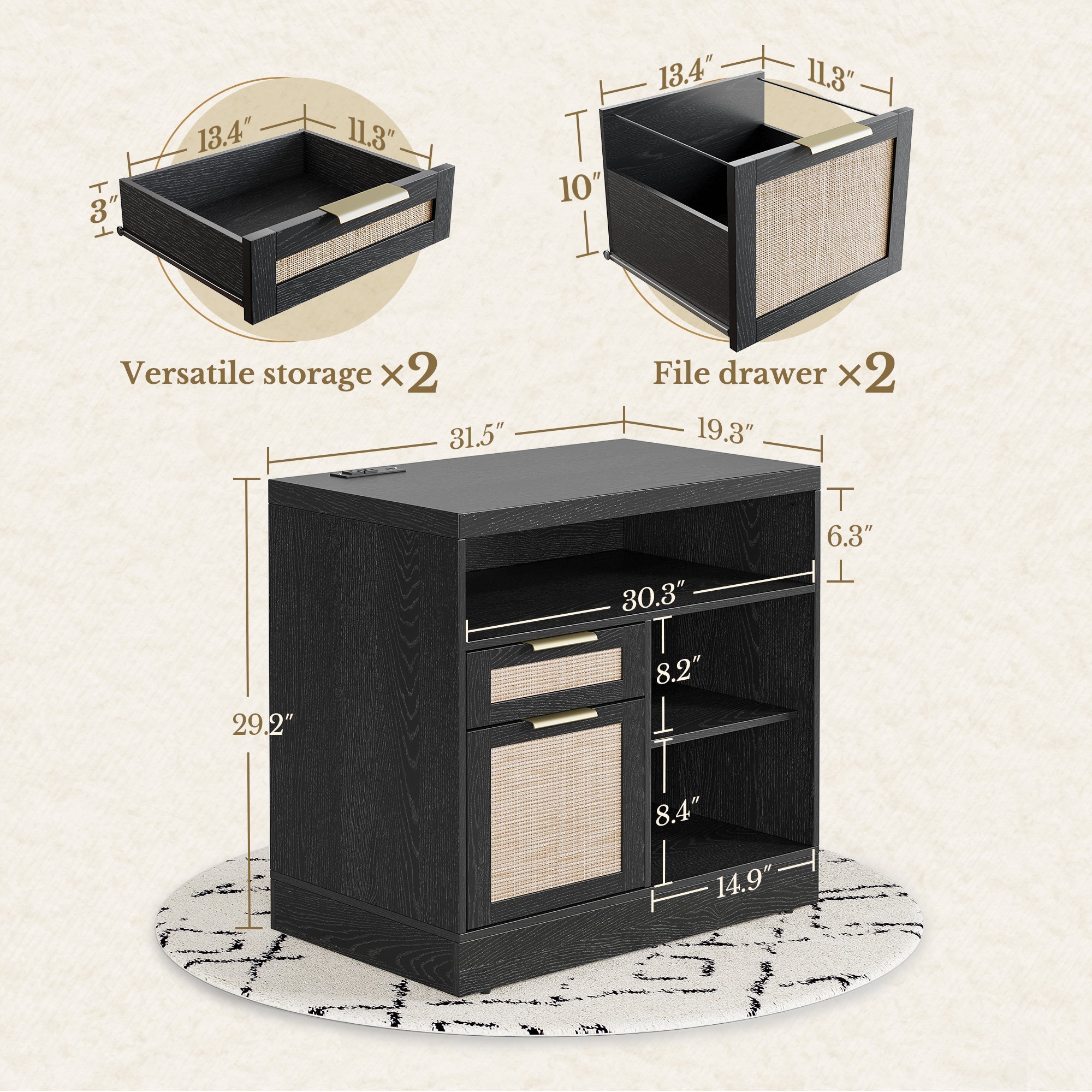 67" Desk+73" Bookshelf / Rattan - Black -