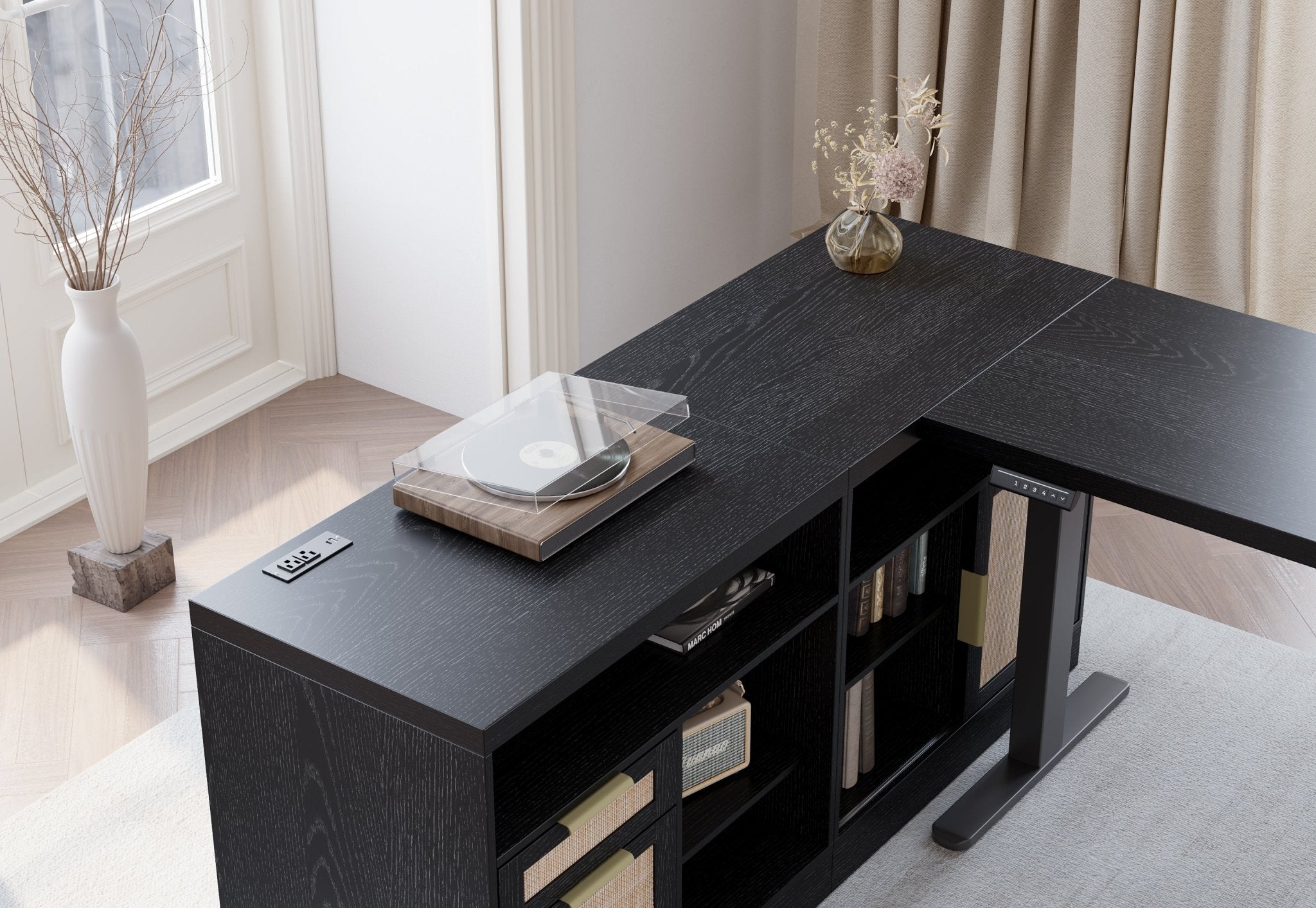 67" Desk+73" Bookshelf / Rattan - Black -