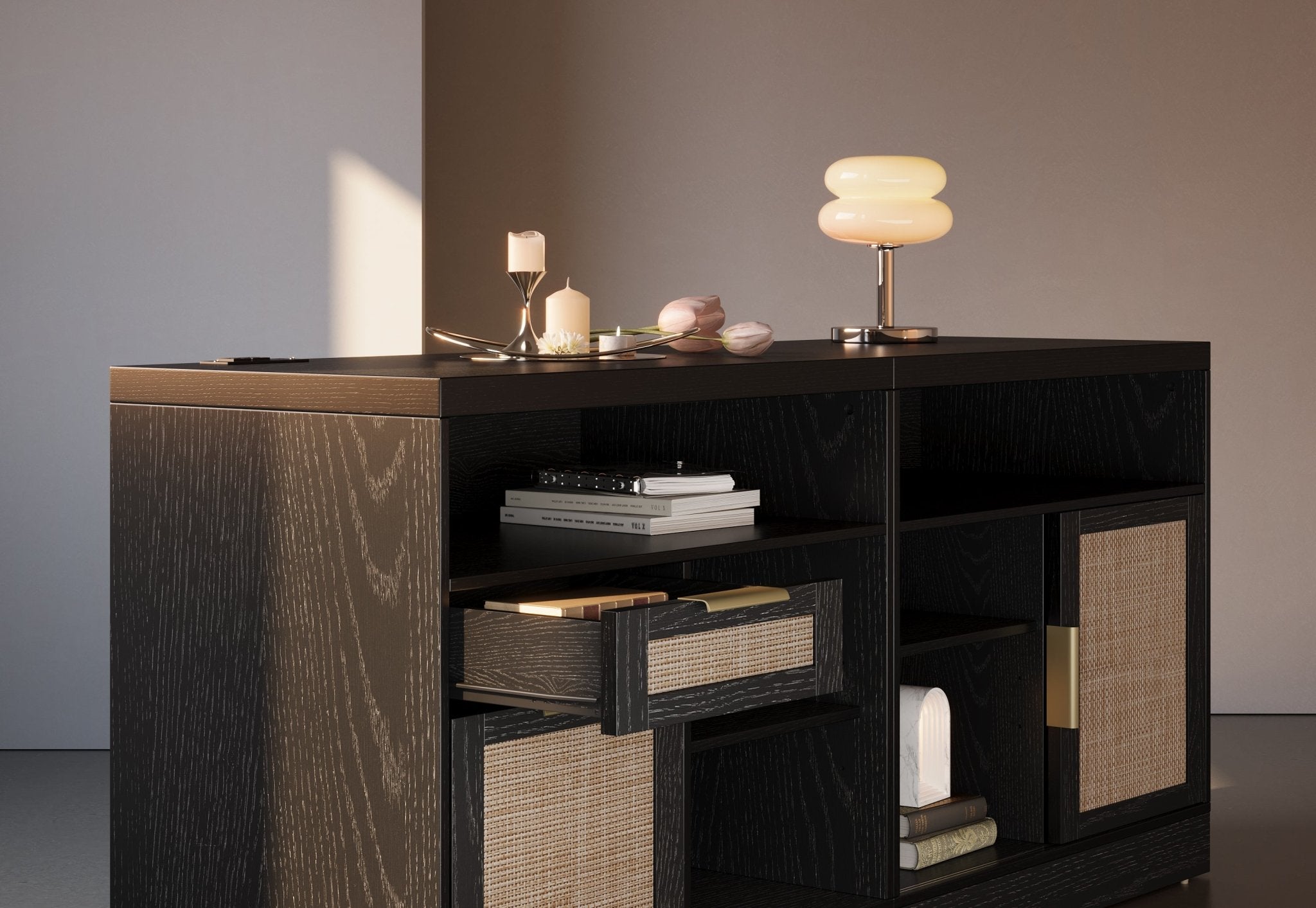 67" Desk+73" Bookshelf / Rattan - Black -