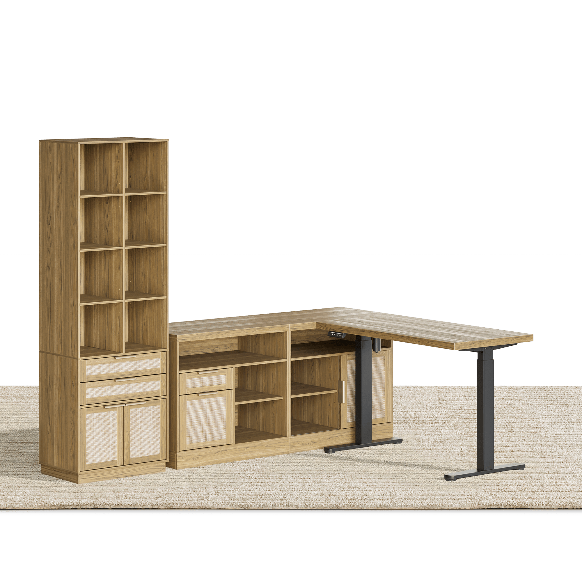 67" Desk+73" Bookshelf / Rattan - Light Walnut -