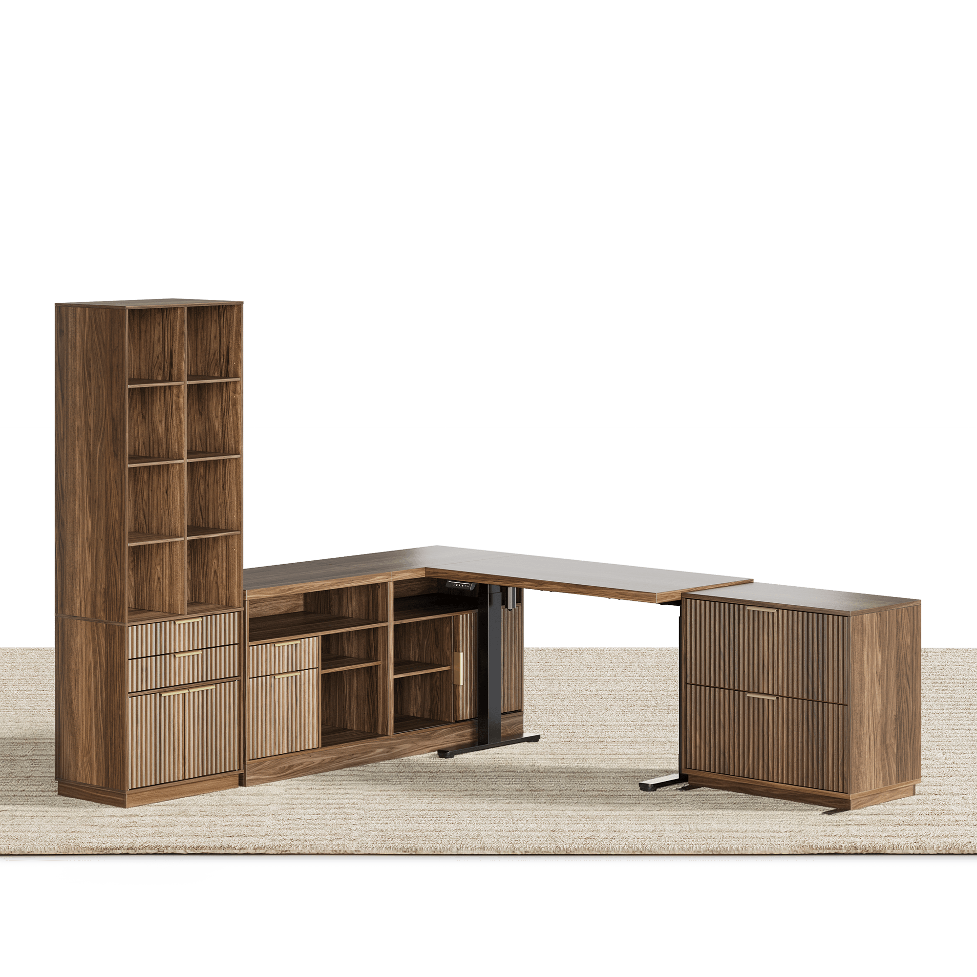 67" desk+73" Bookshelf+2 Drawers / Fluted - Dark Walnut -