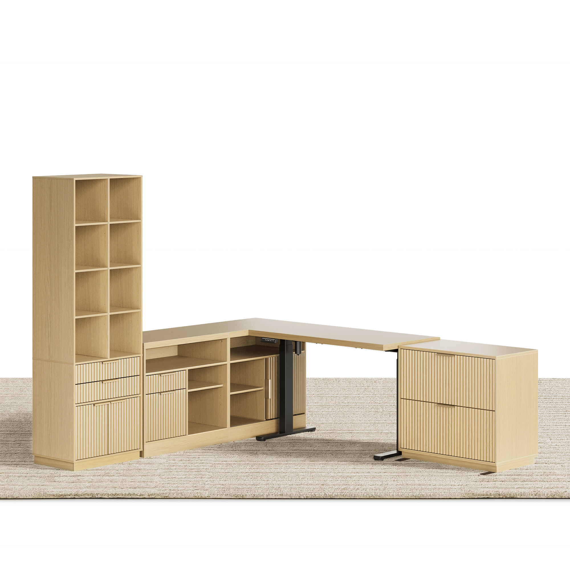 67" desk+73" Bookshelf+2 Drawers / Fluted - Natural Oak -