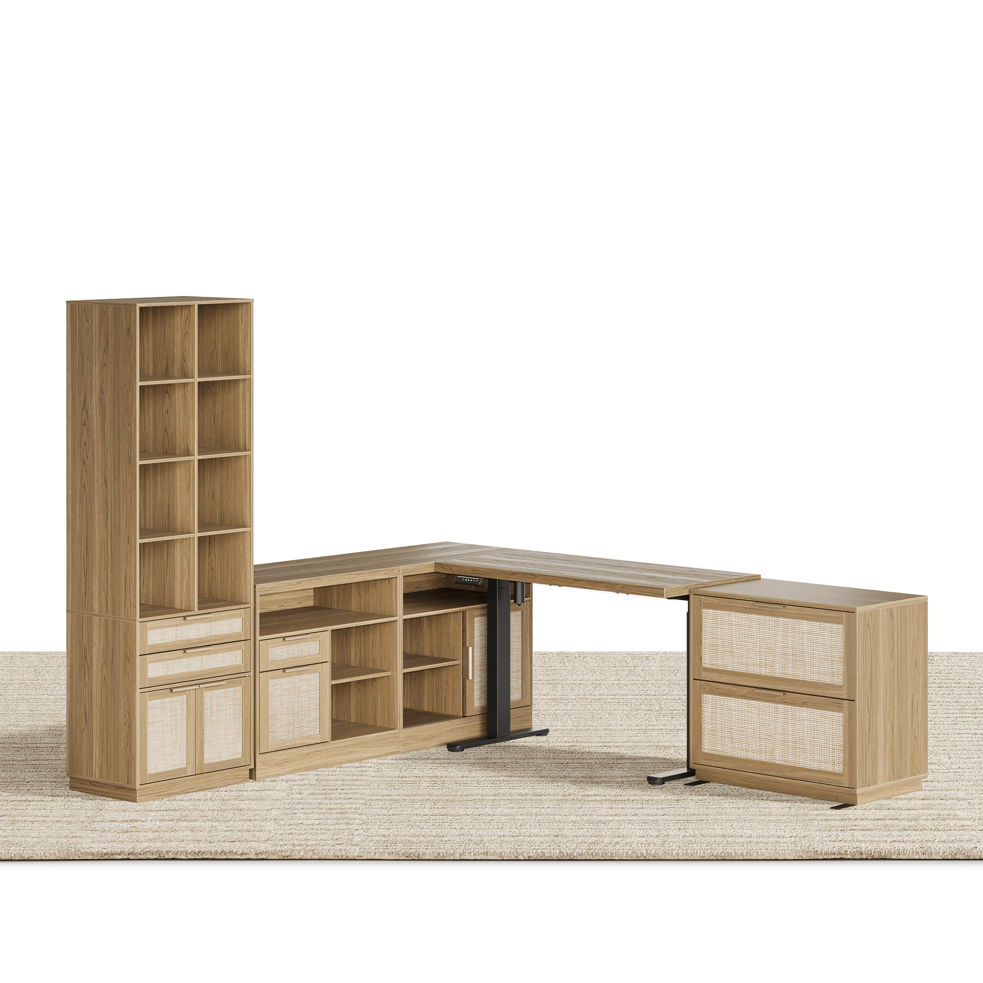 67" desk+73" Bookshelf+2 Drawers / Rattan - Light Walnut -