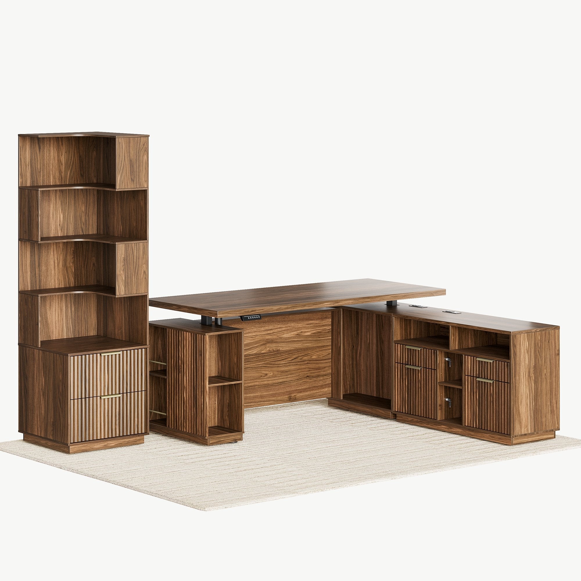 70" Desk + 6 Tier Corner Bookshelf / Fluted - Dark Walnut -