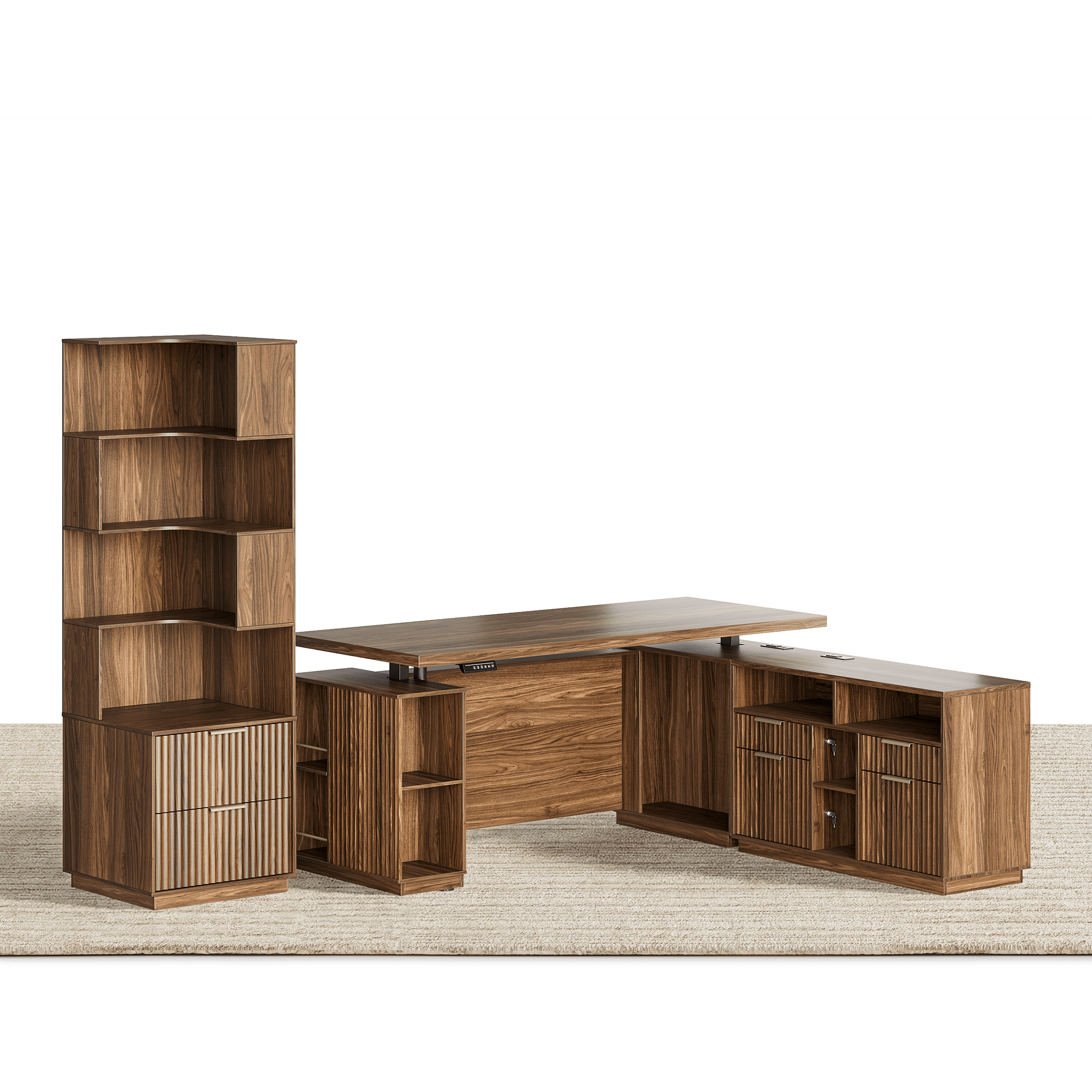 70" Desk + 6 Tier Corner Bookshelf / Fluted - Dark Walnut -