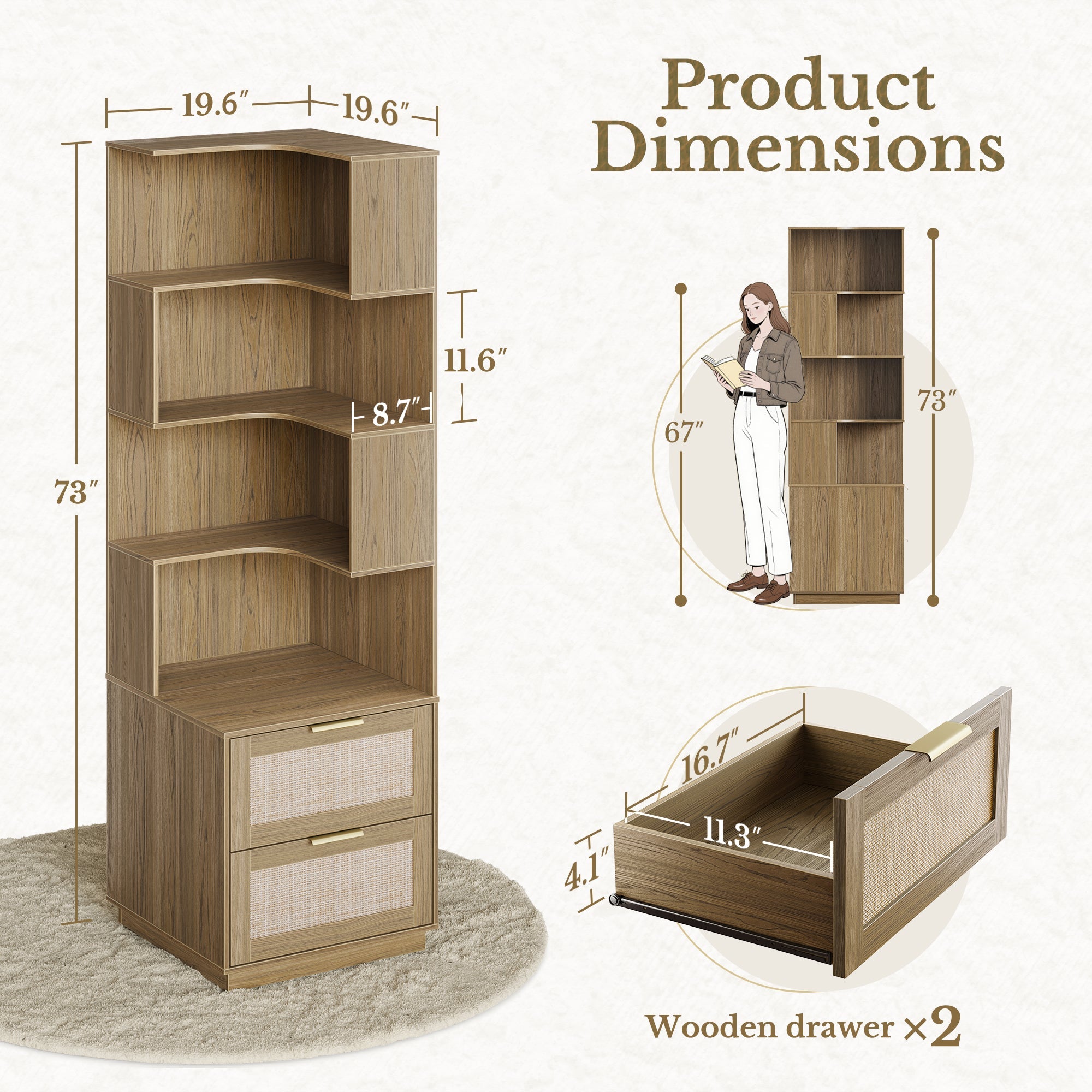 70" Desk + 6 Tier Corner Bookshelf / Rattan - Light Walnut -
