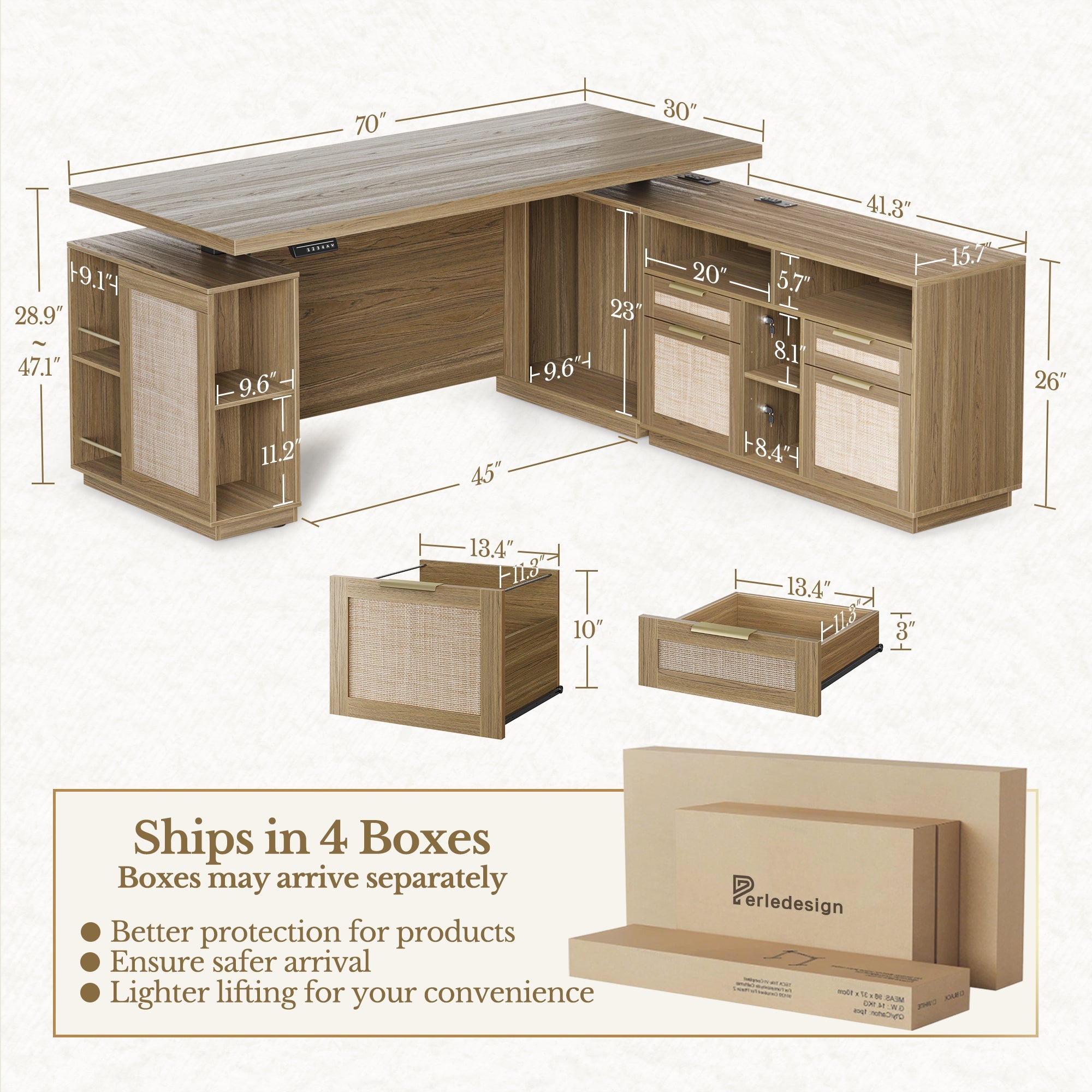 70" Desk + 6 Tier Corner Bookshelf / Rattan - Light Walnut -