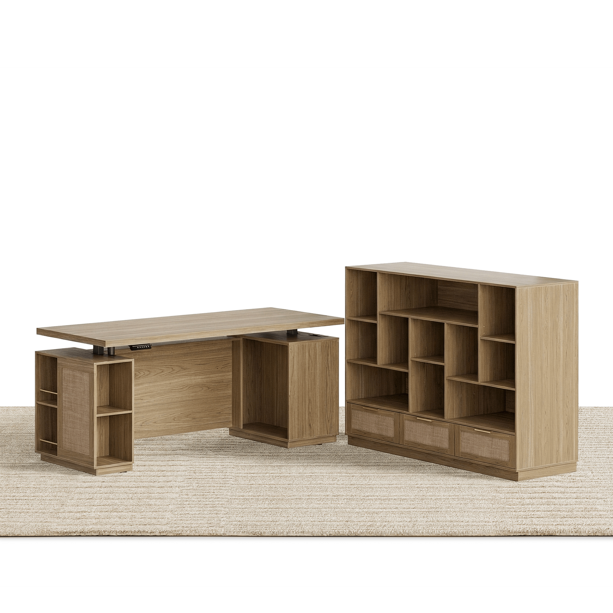 70" Desk + 60" Wide Bookshelf / Rattan - Light Walnut -