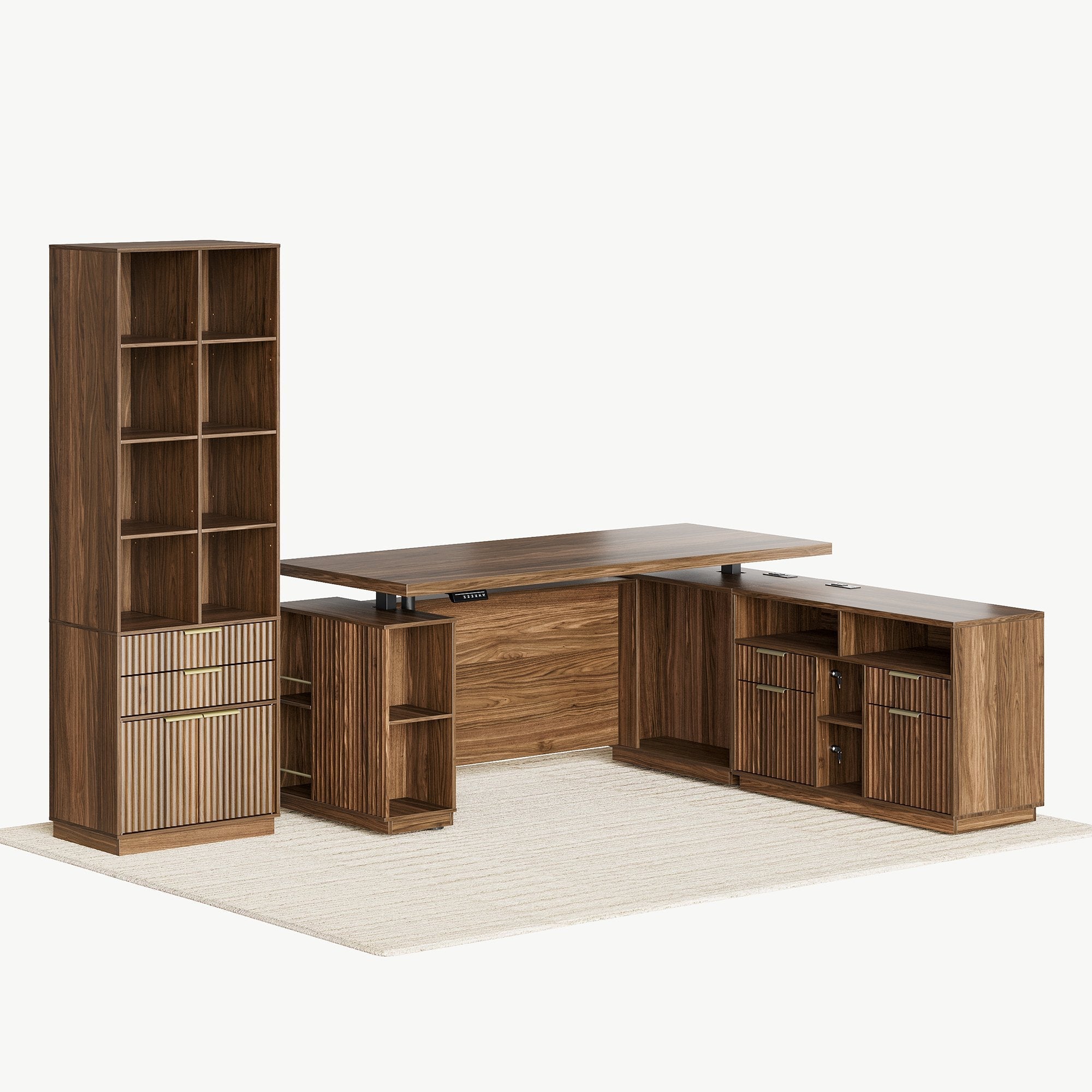 70" Desk + 73" Tall Fluted Bookshelf / Fluted - Dark Walnut -